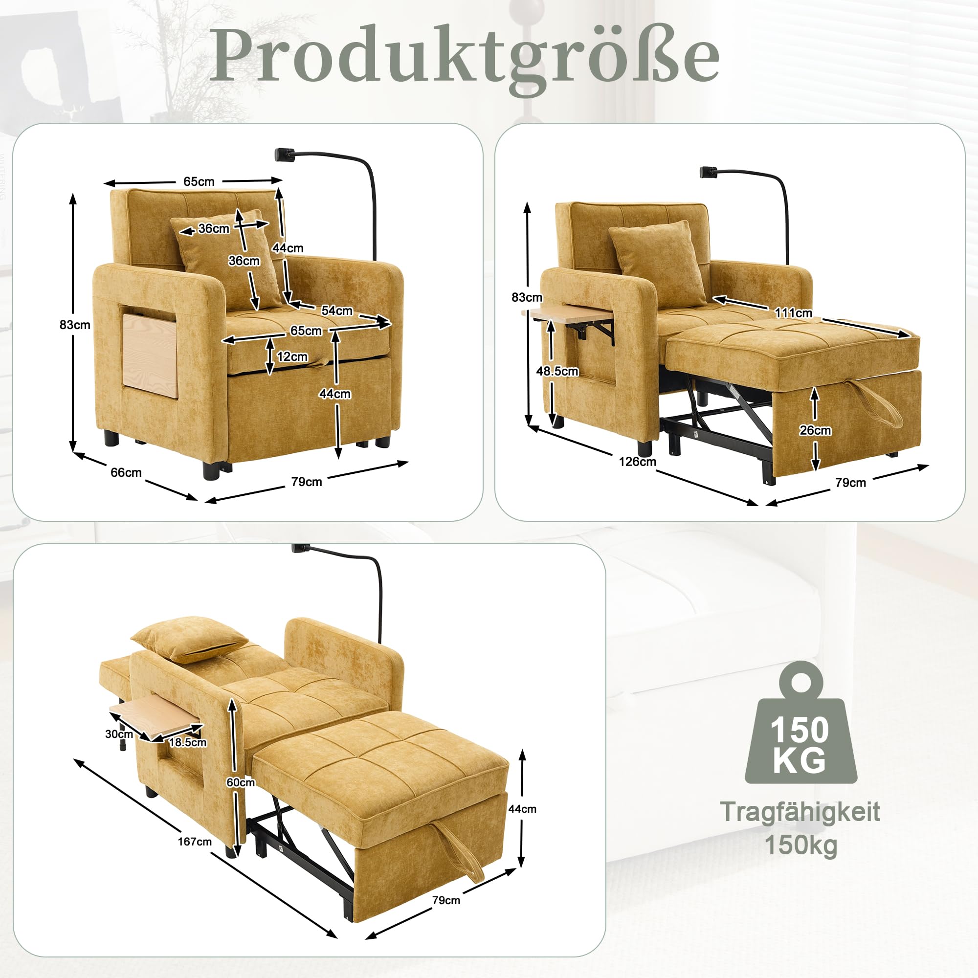 Sofá cama individual multifuncional de chenilla, sofá plegable con función de dormir, silla de sofá con mesa auxiliar pequeña y bolsa de almacenamiento, para salón y dormitorio, color amarillo