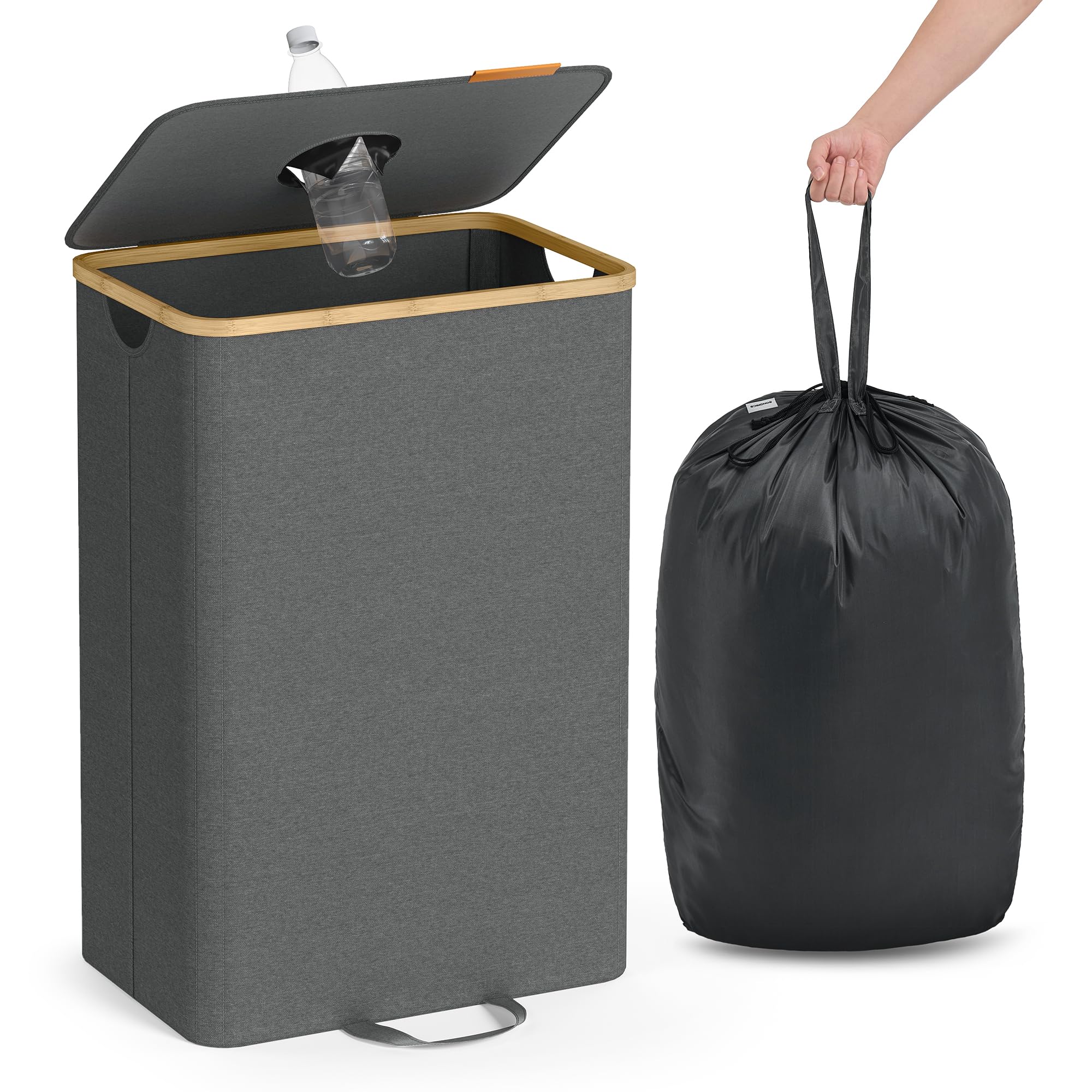 SONGMICSRecycling Bin for Kitchen 25 Gallon. Bottle Recycling Container, Collection Bin, for Metal, Plastic, Paper, Glass, Inner Bag with Handles, Kitchen, Slate Gray and Natural Beige URRB509G01
