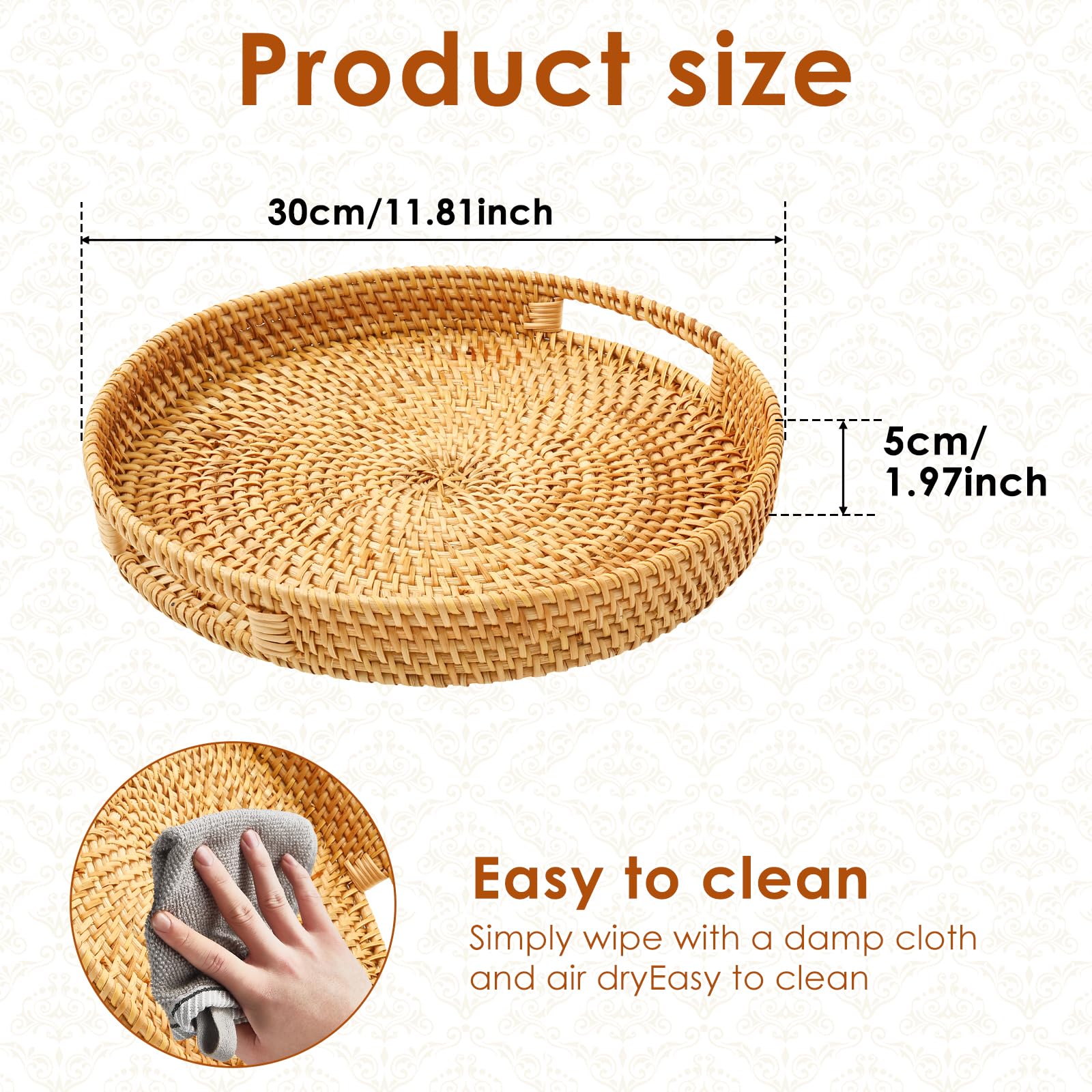 Rattan Round Serving Tray, Hand Woven Serving Basket with Handles, Natural Woven Flat Basket, Decorative Wicker Baskets Serving Tray for Coffee Table Food Party Home Decor, 11.8 inch