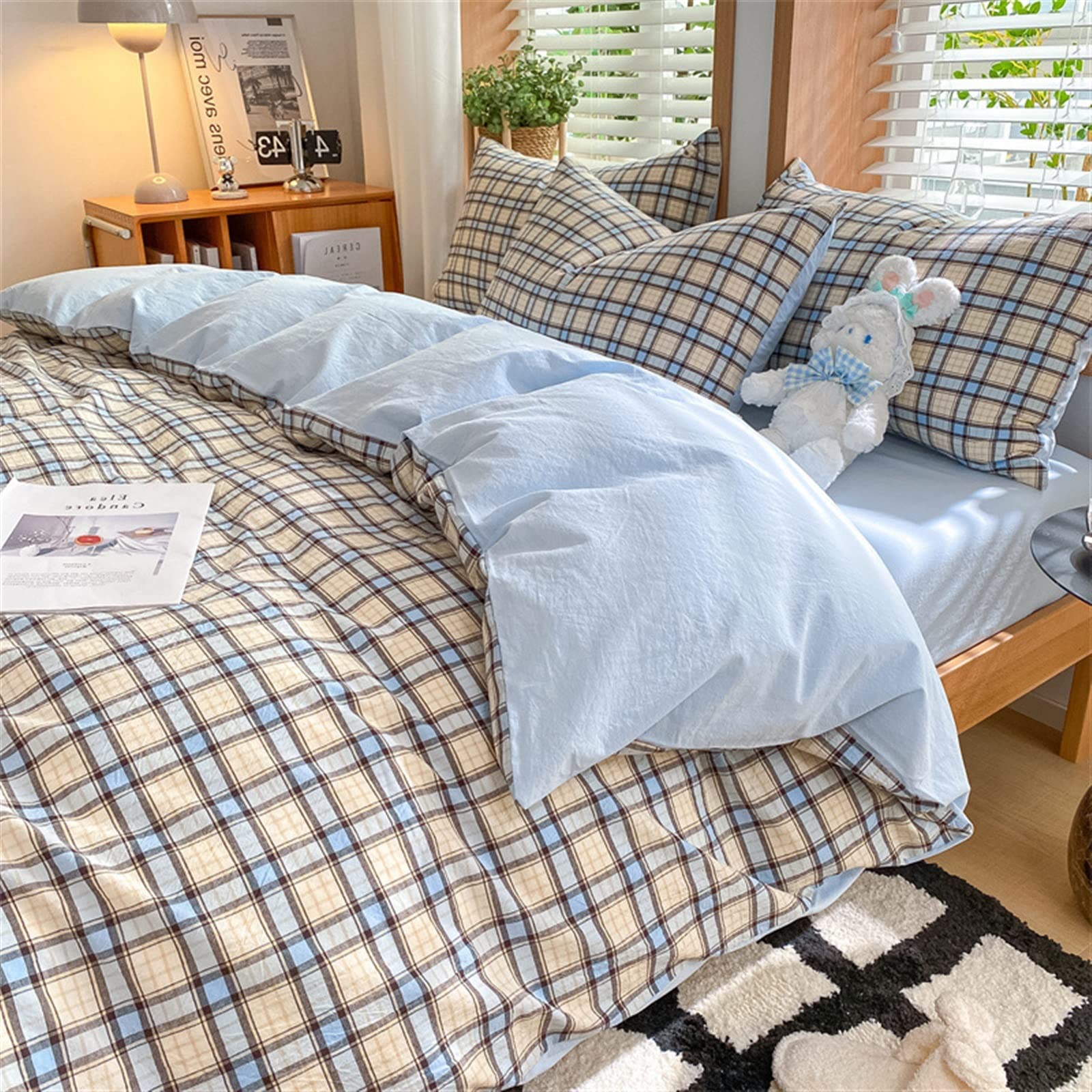 Amazon｜掛け布団カバー ボックスシーツ 和柄チェック綿4点セット 洗い 