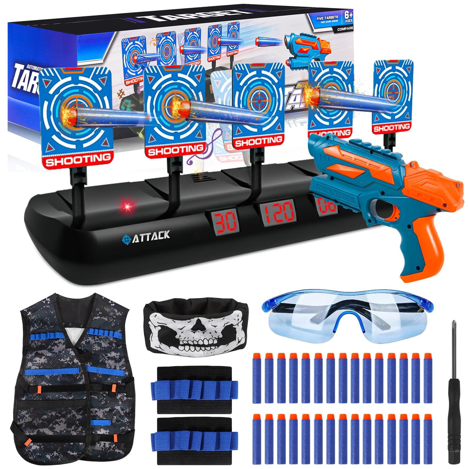 BUOAZR Objetivo de Tiro Electrónico, Objetivo Digital Electrónico con Restablecimiento Automático, Incluye 30 Balas, Chaleco Táctico, Pistolas de Juguete, Juguetes Niños 5 6 7 8 9 años(Azul)