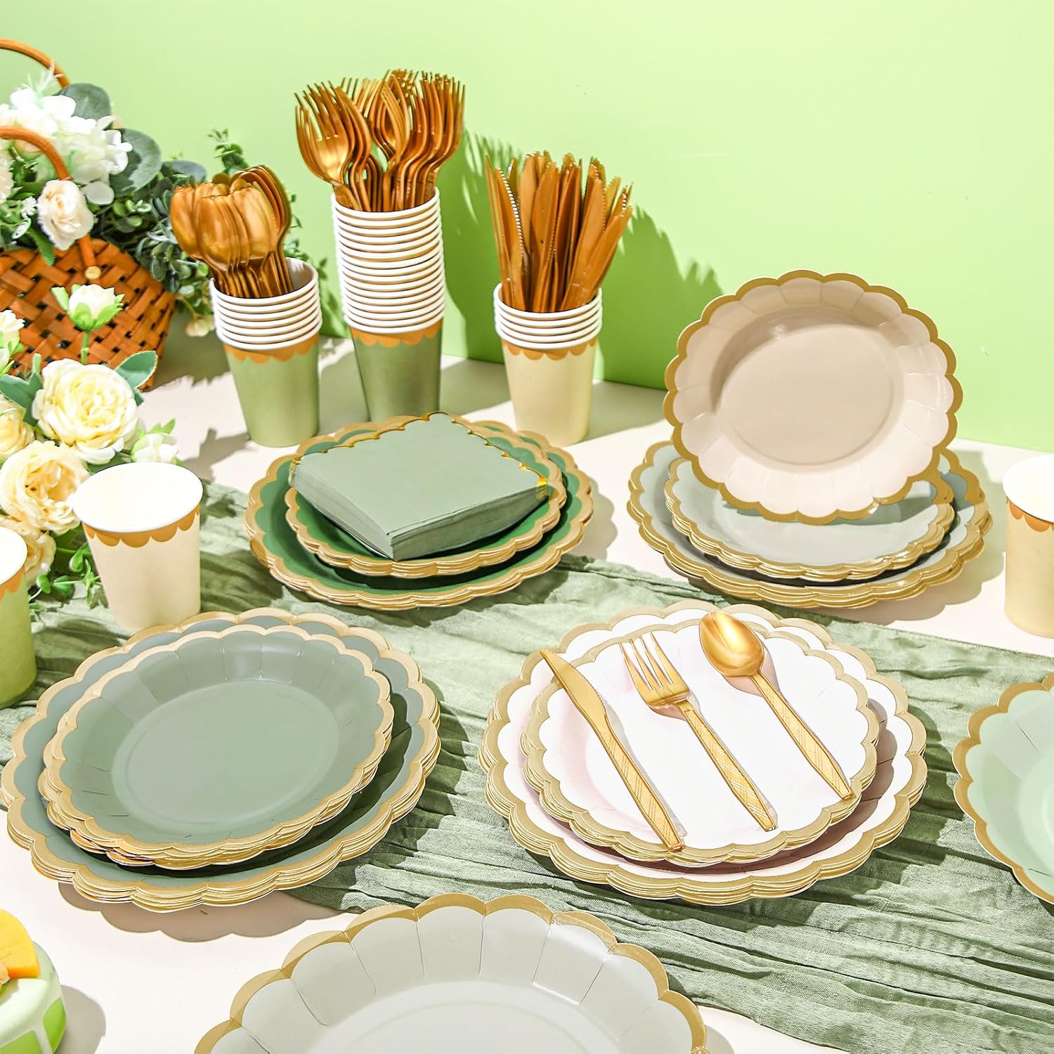 169 Pcs Sage Green Plates and Napkins Party Supplies for Guests Sage Green Tableware Include Scalloped Plates Paper Napkin Cup Spoon Fork Knife for Baby Shower, Wedding, Birthday