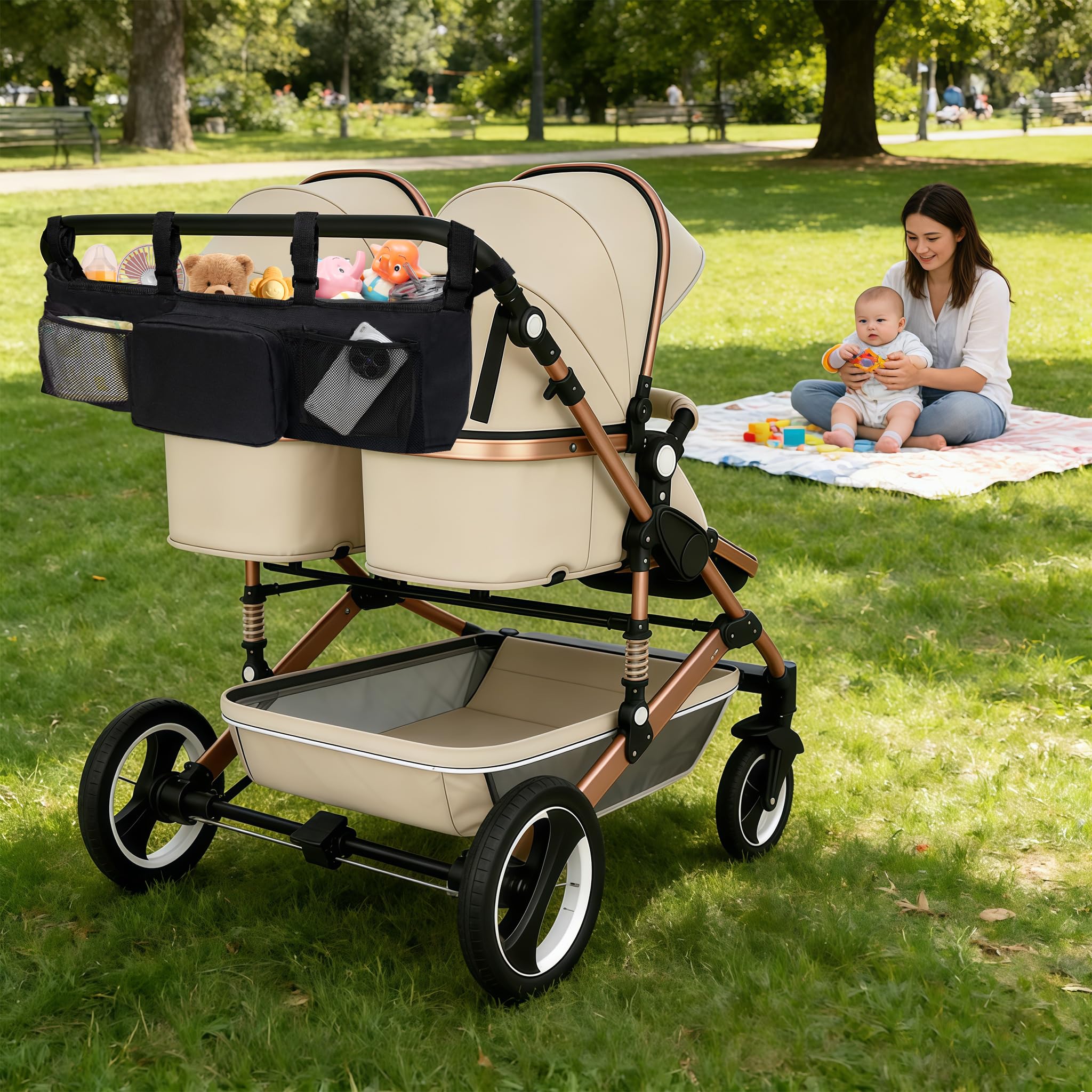 Double Stroller Organizer with Strong Holding Power and 2 Cooler Pockets,Stroller Caddy compatible with Bob Double Stroller and Baby Jogger City Mini GT2,Compatible with most Stroller Organizers - 3