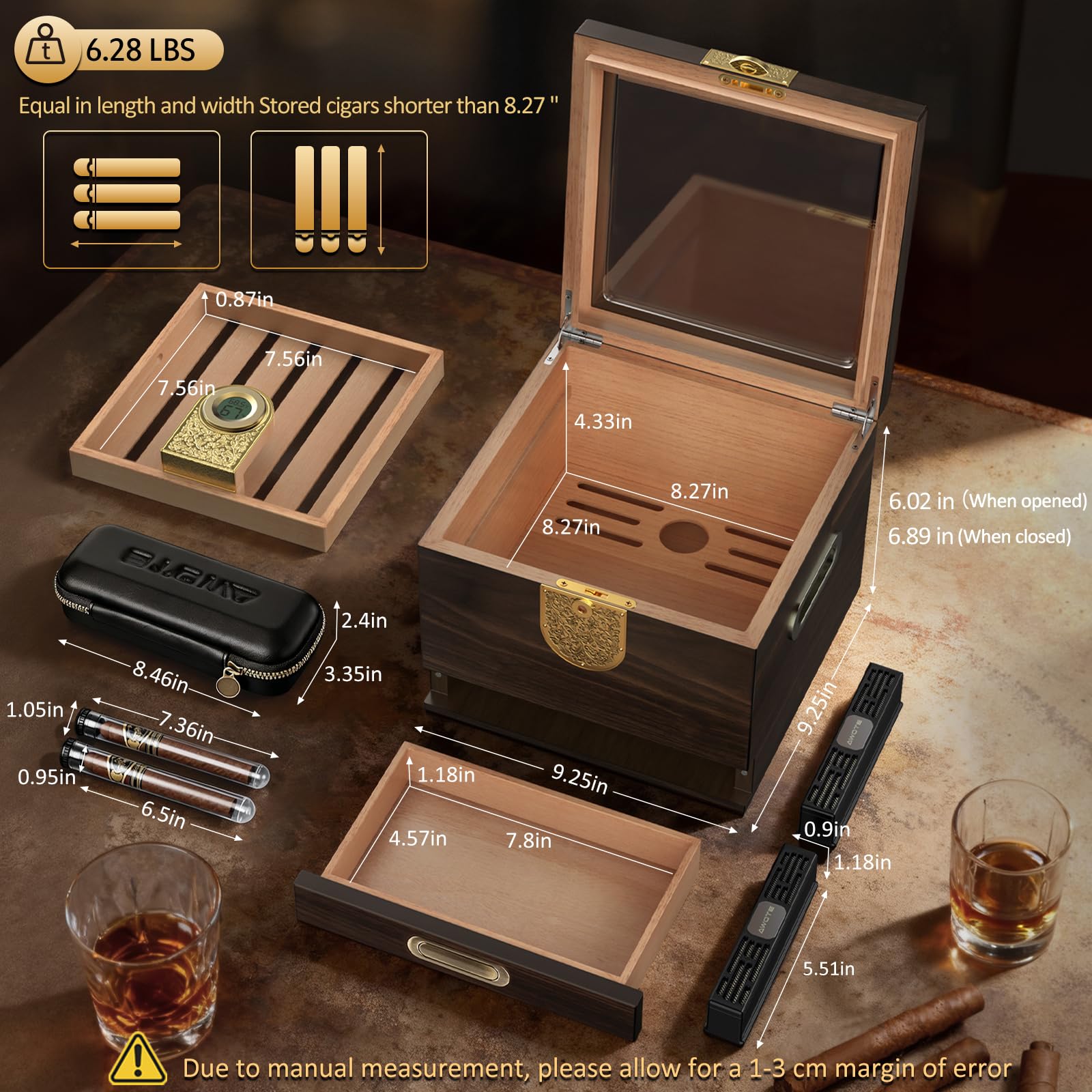 Umidificatore per sigari, in legno di cedro, con igrometro digitale, umidificatore regolabile, cassetto per accessori, vassoio in legno, custodia per sigari in vetro (marrone)