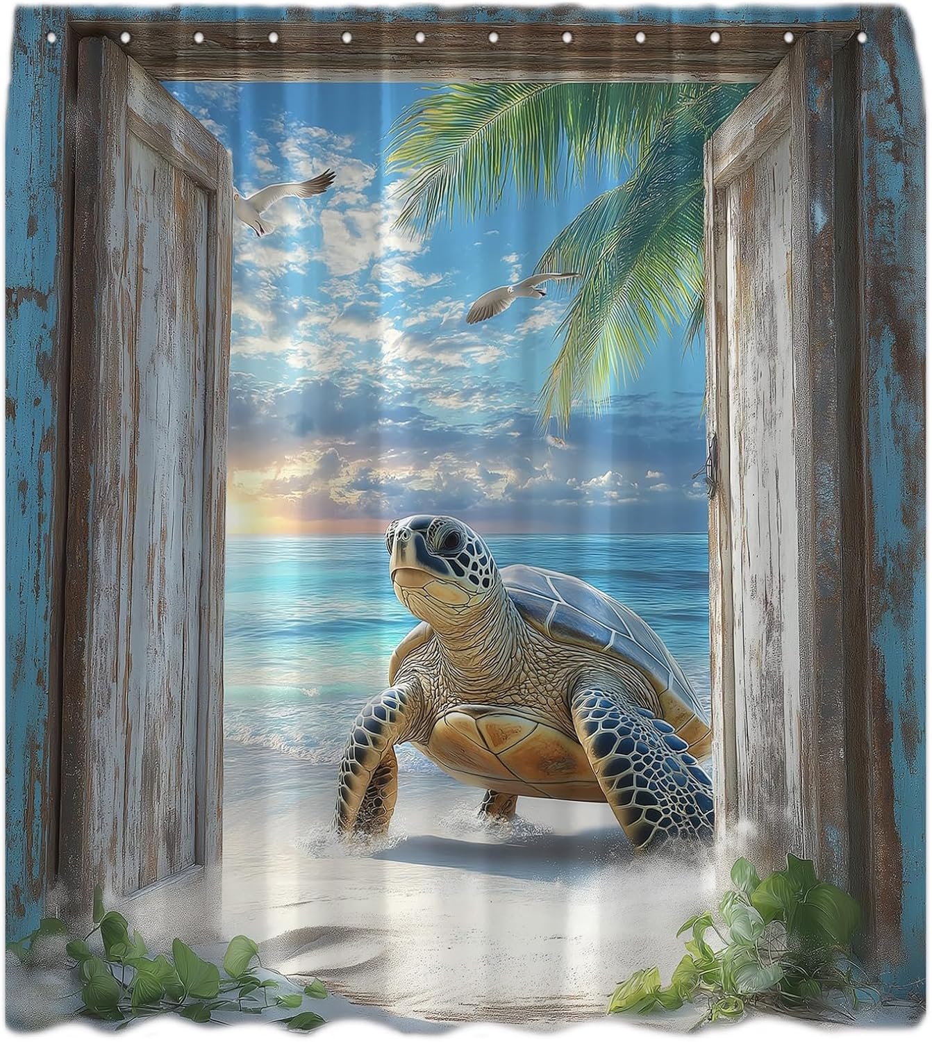 Beach Ocean Coastal Shower Curtain Sea Turtle Seagull Tropical Palm Tree Sea Wave Rustic Teal Wooden Barn Door Hawaiian Sunset Retro Blue Seaside Scenery Bath Curtains with Hook,70x83.8 Inch