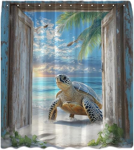 Miniatura 4 de Cortina de ducha costera de playa, océano, tortuga marina, gaviota, palmera tropical, ola de mar, rústico, verde azulado, puerta de granero de