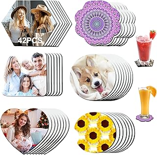 42Pcs Sublimation Coasters Blank Heat Transfer Cup Coasters, Rubber Sublimation Transfer Heat Press Printing Crafts Cup Mat, Non-Slip Coaster DIY Craft Supplies(6 Style) (A)
