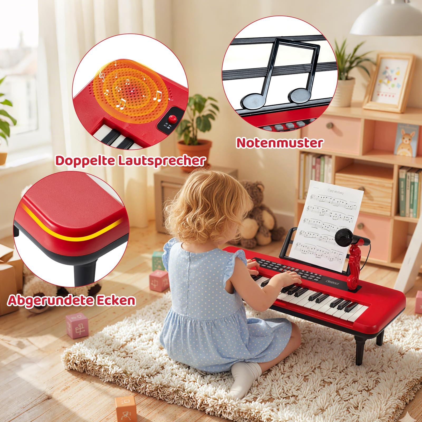 COSTWAY 37 Tasten Kinder Keyboard, Kinderklavier elektronisch mit Mikrofon, Notenständer & abnehmbare Beine, tragbares Musikinstrument, Kinderpiano Klaviertastatur für Kinder ab 3 Jahren (Rot)