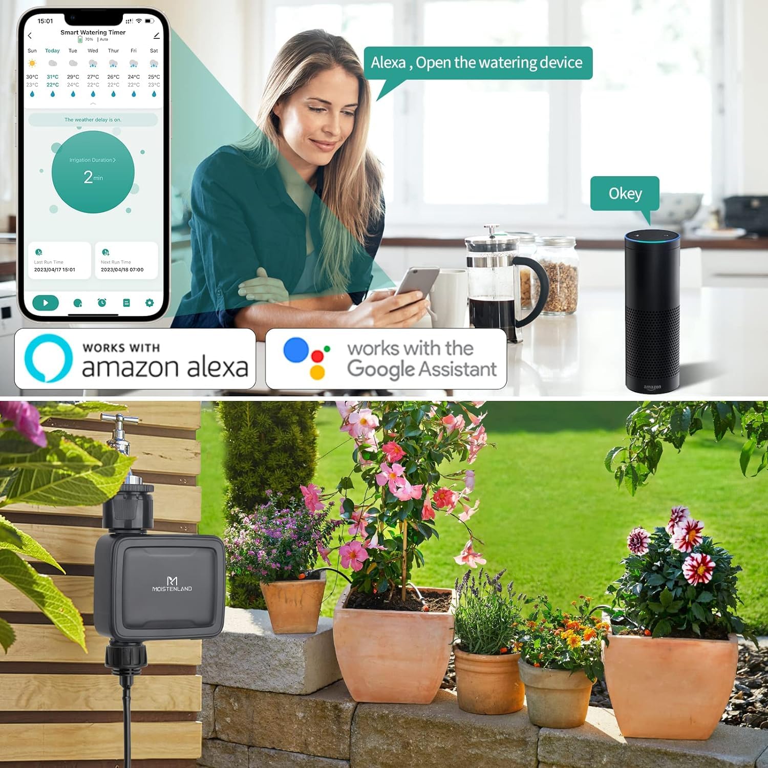 Ordenador de riego WLAN, Grifo de Manguera Inteligente Temporizador de riego, Control Remoto App, Soporte Alexa, Manguera al Aire Libre para Plantas de césped de jardín Cama de Flores.