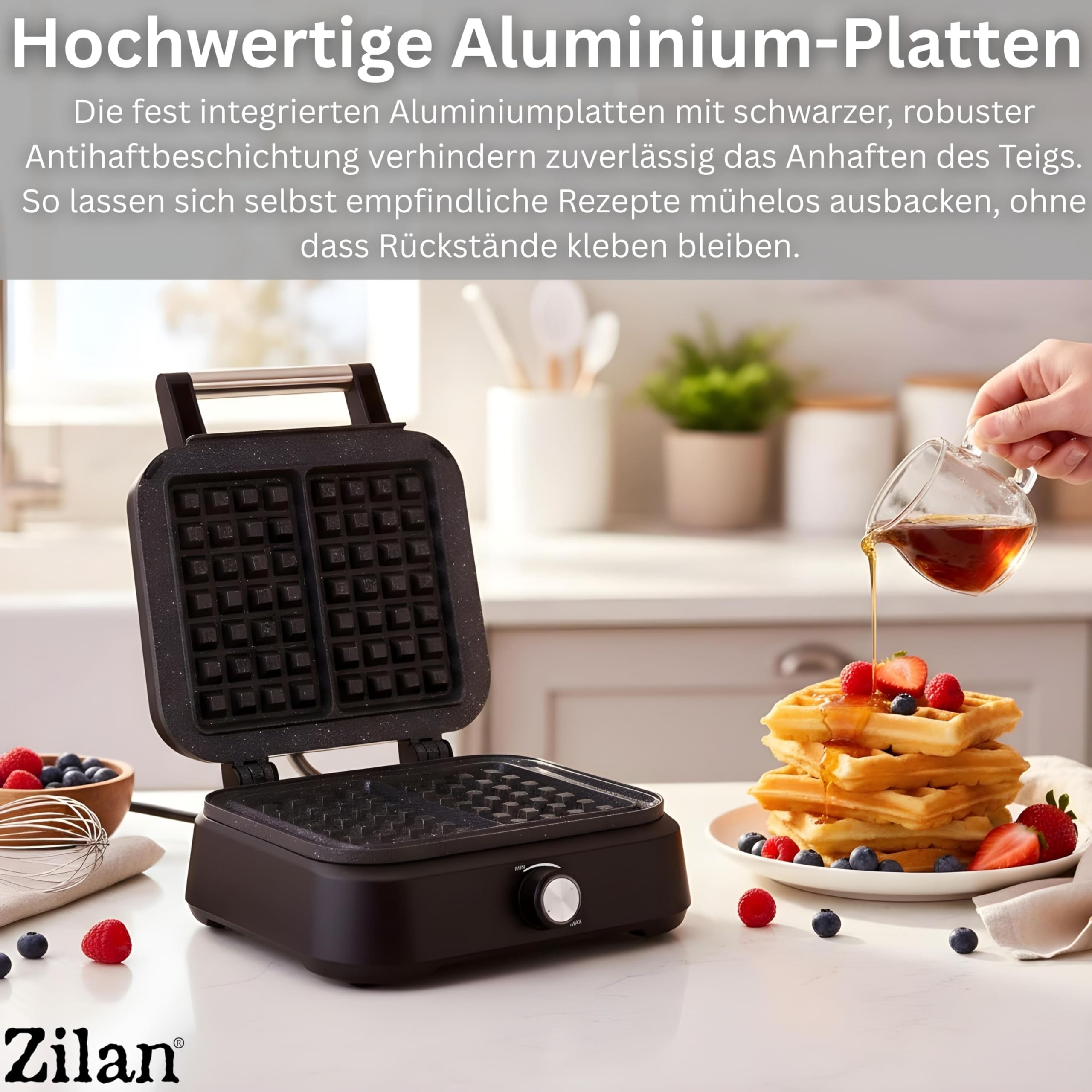 Gofrera belga doble – Placas XXL 1500 W 95 °C – 205 °C – Gofrera para hacer gofres, revestimiento antiadherente, color negro mate, tecnología Cool-Touch, canal de desbordamiento