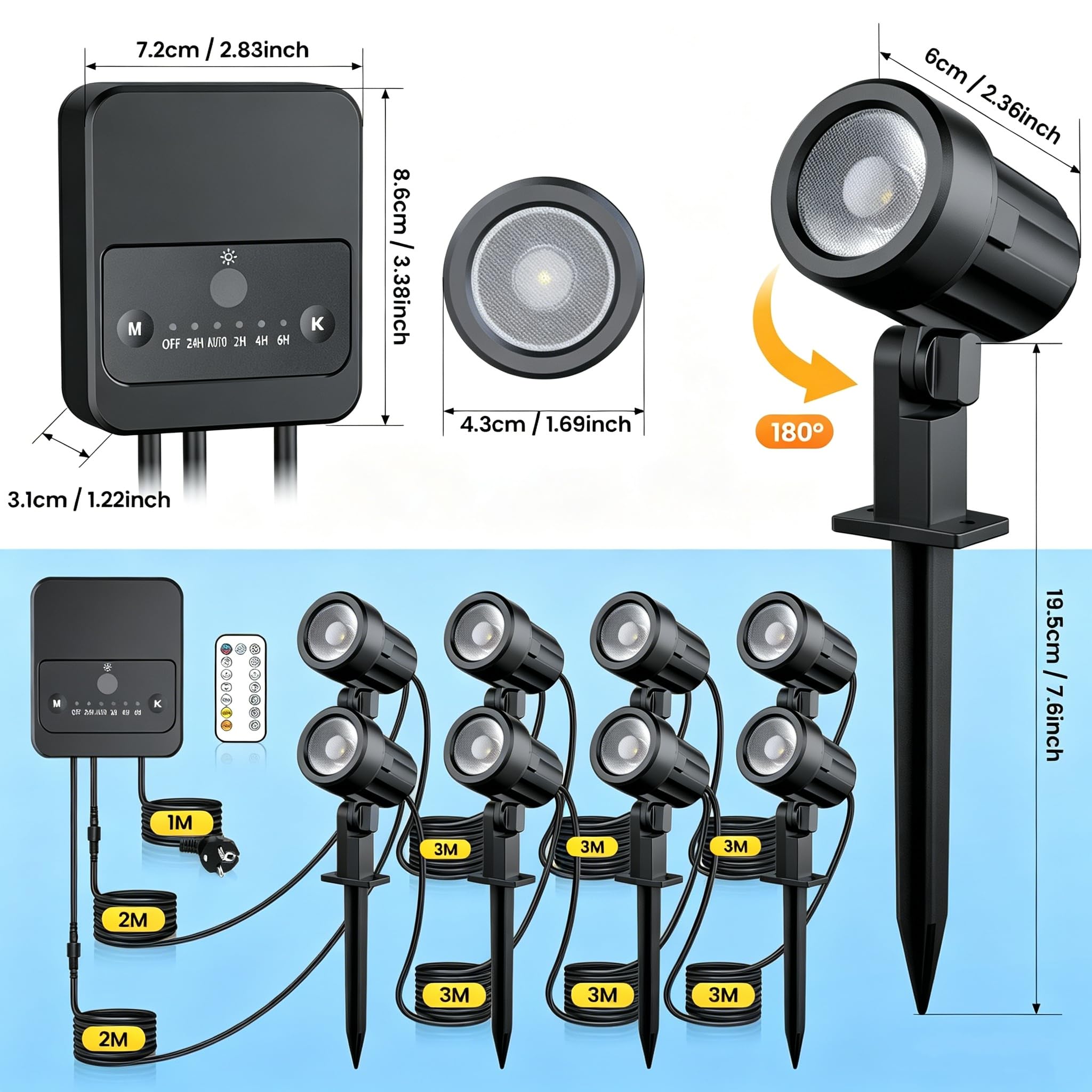 Linke LED-Gartenstrahler 8-in-1 mit Fernbedienung | IP66 wasserdicht, 2700-6500K dimmbar, 6 Modi, 3 Helligkeitsstufen, Timer- & Speicherfunktion, 23m Kabel, Dämmerungssensor