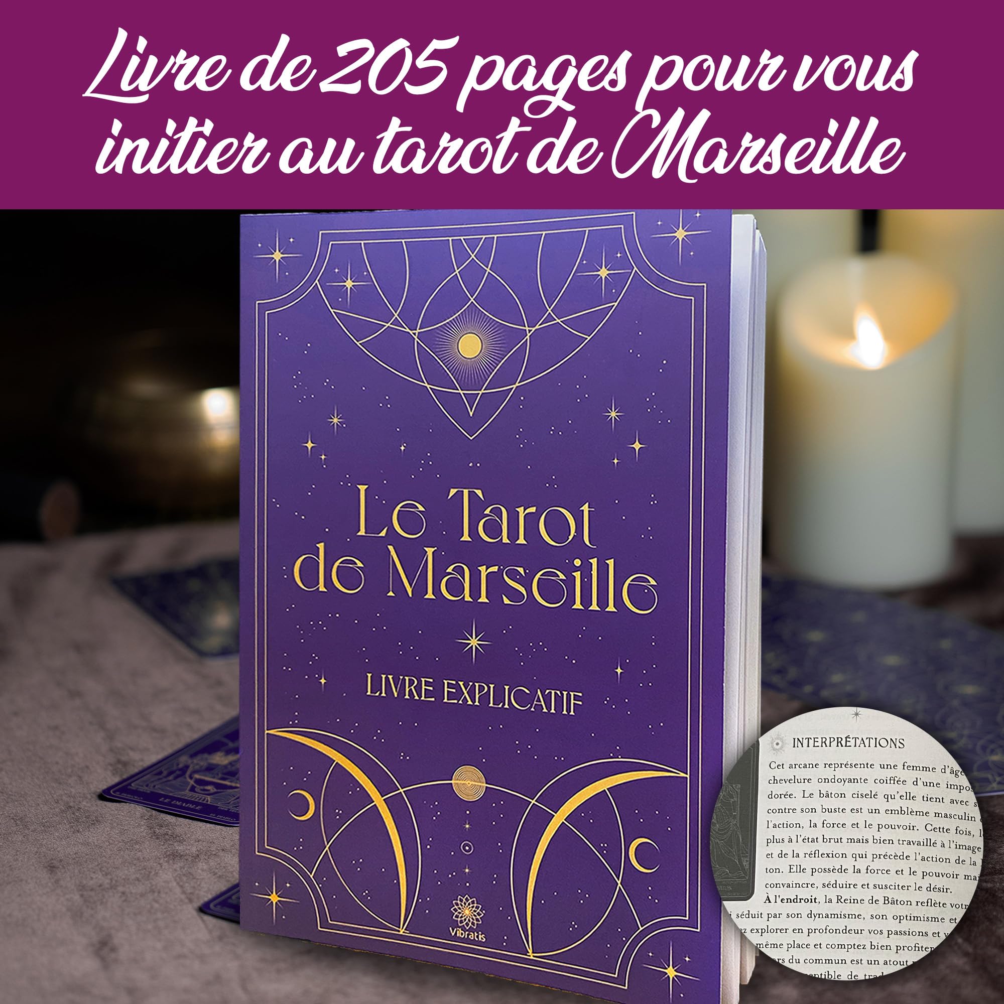 Vibratis Caja de iniciación al Tarot de Marsella: Tarot adivinatorio + Libro de 205 páginas + Mantel adivinatorio y bolsillón. Ideal para Principiantes