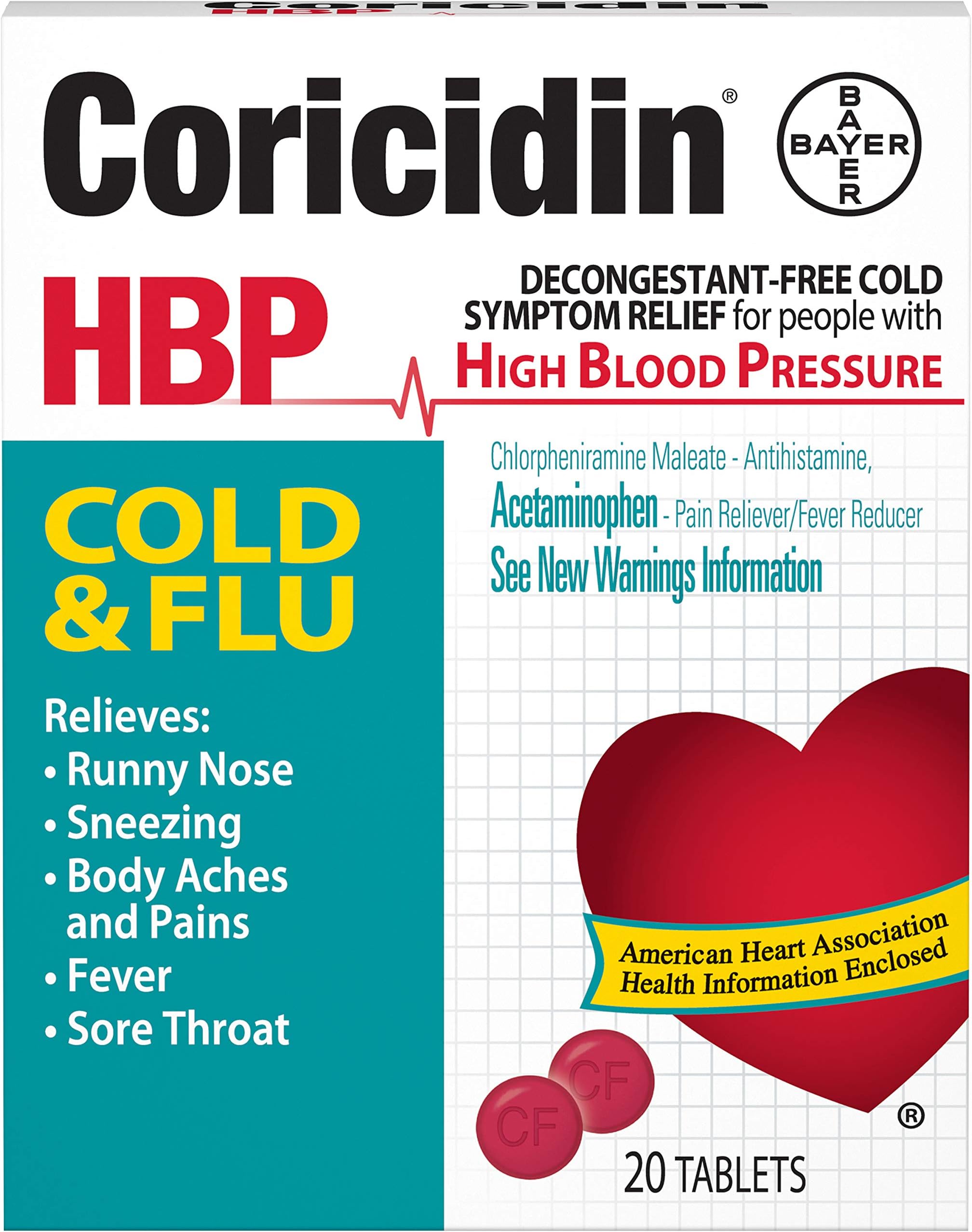 Coricidin HBP Cold & Flu Tablets, 20 ea (Pack of 2)