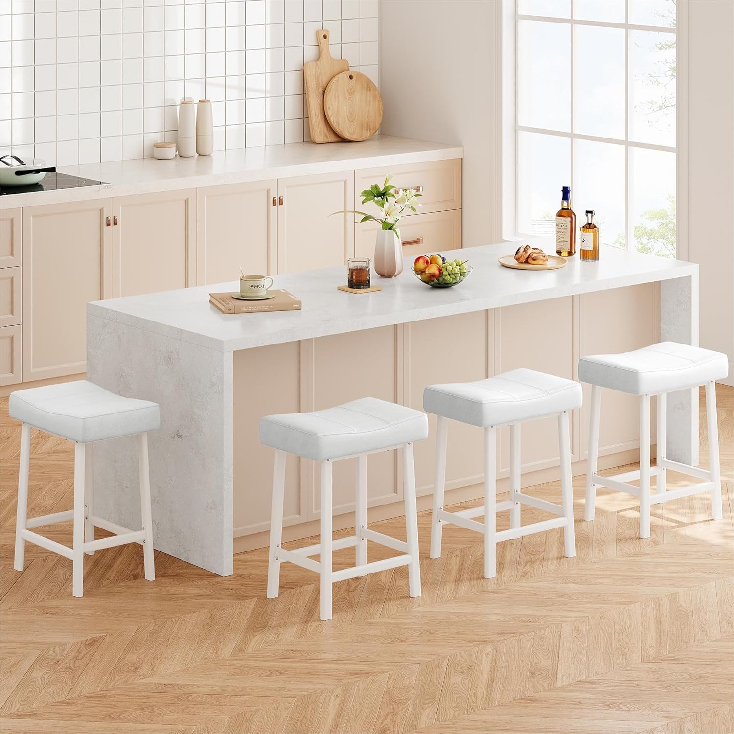 GarveeHome Counter Height Bar Stools Set of 4, 24 in Barstools for Kitchen Island Counter, Upholstered Padded Saddle Chairs with Cushion, Easy Assembly, White