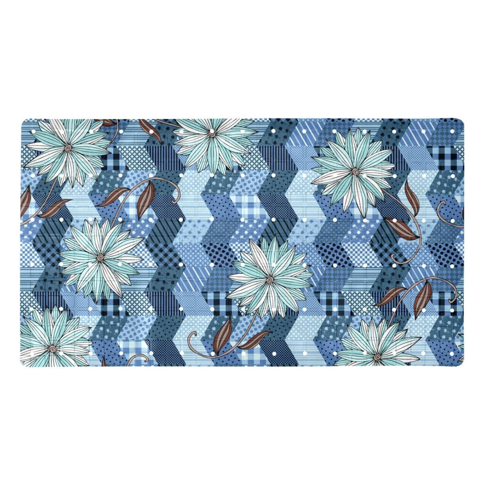 Tapis de bain antidérapant floral bleu 40x70 cm avec drainage douche