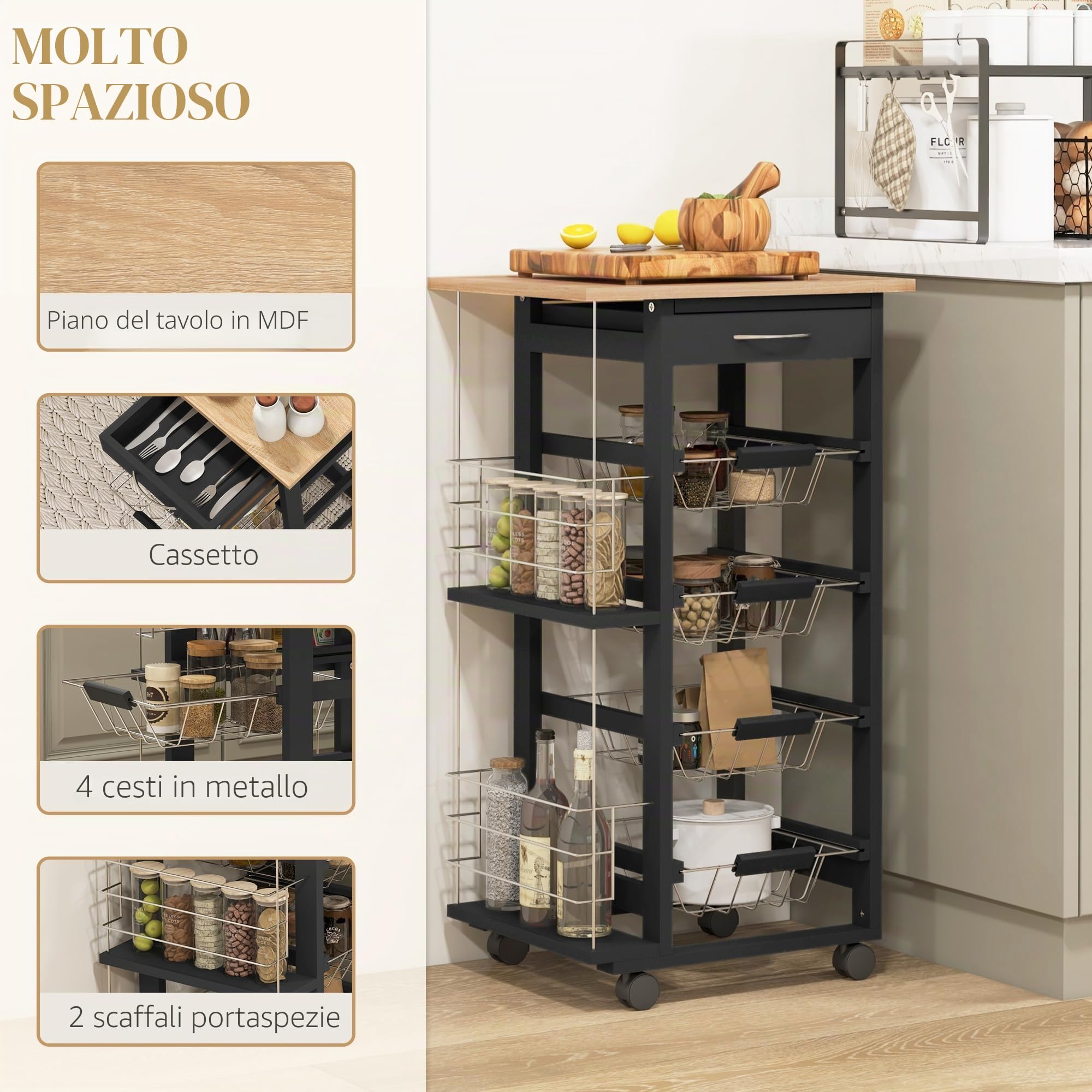 HOMCOM Carrello da cucina con ruote Carrello multiuso con cassettiera 4 cestini estraibili in metallo e cestelli laterali 47x37x83 cm Nero e legno naturale