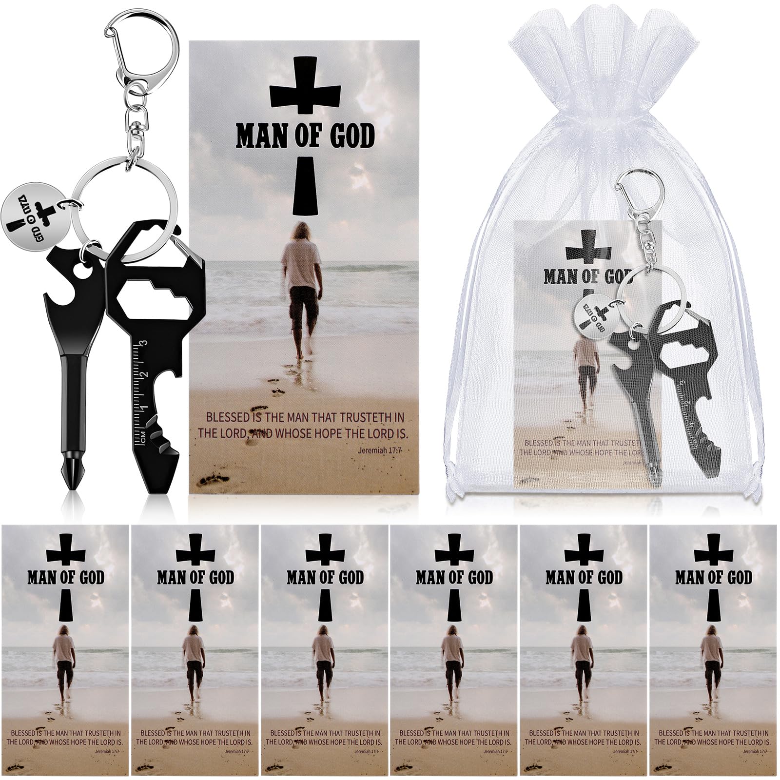 Quelay 6 Sets Man of God Father Gift for Men Church Christian Multitool Keychain Gifts for Men Bulk 6 in 1 Screwdriver Keychain with Bible Verse Card