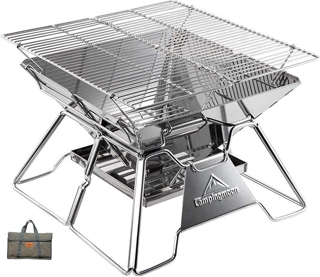 CAMPINGMOON Składane grille kempingowe ze stali nierdzewnej, przenośny grill na węgiel drzewny 35,5 cm, z torbą do przenoszenia MT-2