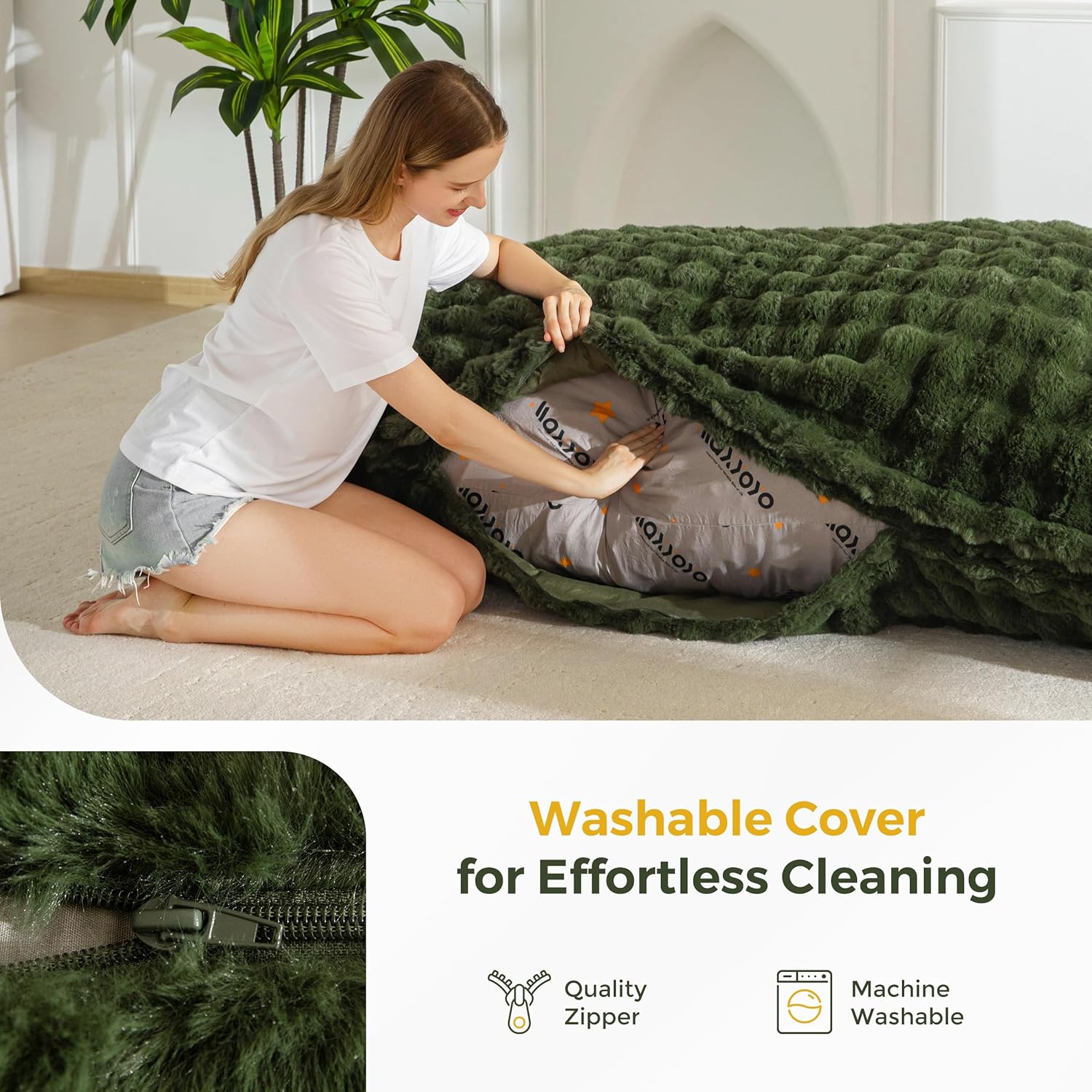 MAXYOYO Giant Bean Bag Chair with Pillow, 3 in 1 Convertible Bean Bag Chair for Adults with Removable Cover, Floor Cushion Stuffed Floor Lounger for Living Room Bedroom, Bubble Green - Image 8