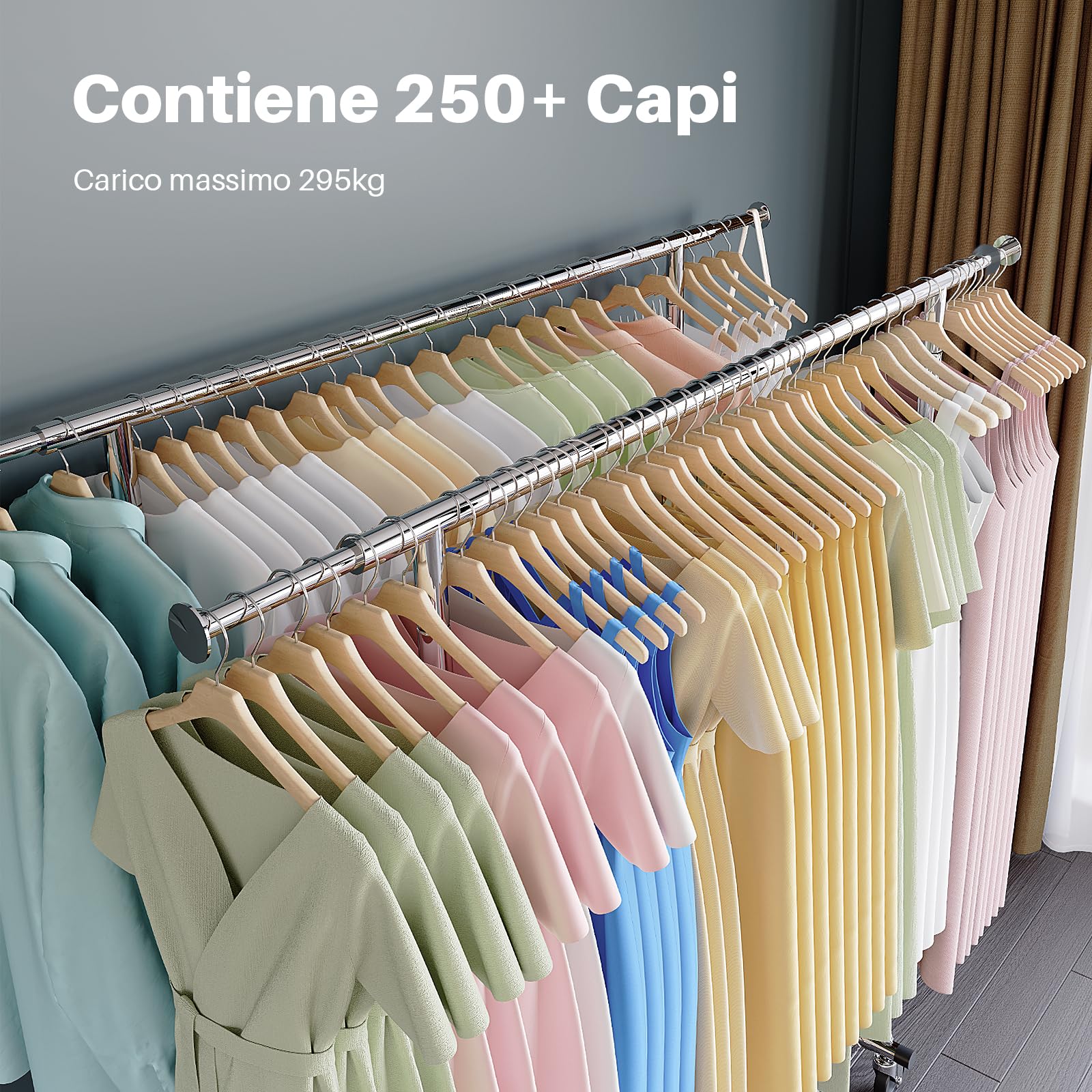 HOKEEPER Appendiabiti da Terra Resistente a Doppia Barra con Ruote, 295kg, con Ripiano Inferiore, Estensibile - Ideale per Camera da Letto, Boutique, Lavanderia, Argento