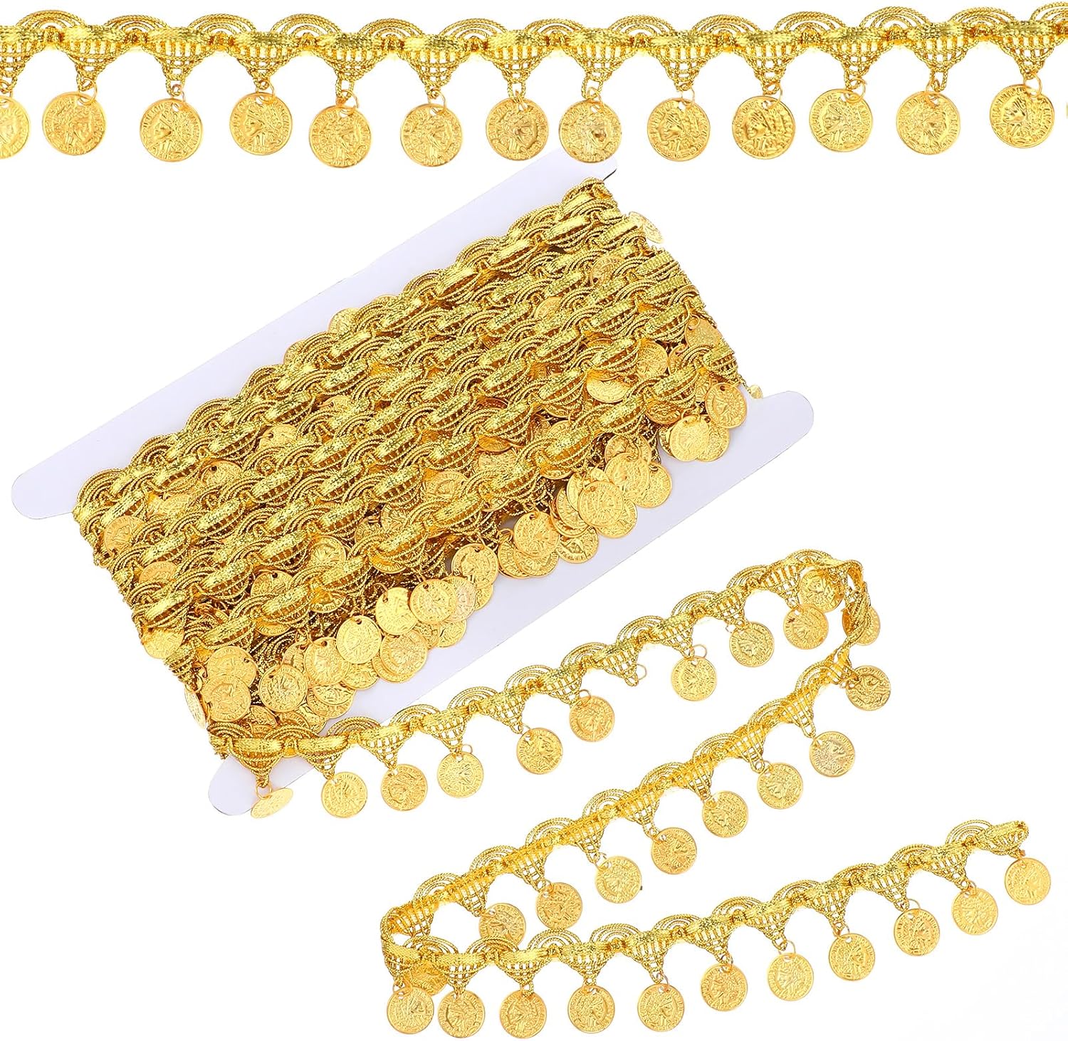 10 Yards Gold Coin Shape Sequin Tassel Trim, Polyester Gold Trim, 1.37 Inch Width Fringe Lace Dance Dress Belt Chain, Decorative Trims for Clothing, Party Accessories, DIY Crafts