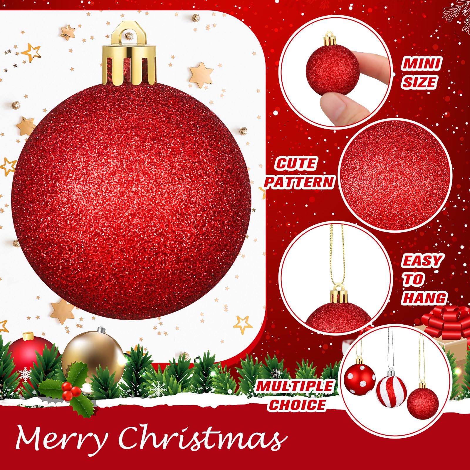 Lenwen 54 Stück Weihnachtskugeln Ornamente Mini rot und weiß Weihnachtsbaum Ornamente Xmas gestreifte Punkte bruchsicher Kunststoff hängende Ornamente für Baum, Urlaub, Party, Weihnachtsdekoration, 3