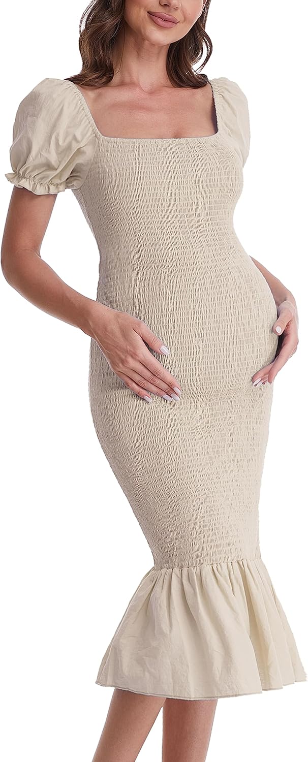 Maternity Summer Midi Bodycon Dresses, Short Puff Sleeve Square Neck Ruffle Hem Mermaid Baby Shower Dress - Image 4