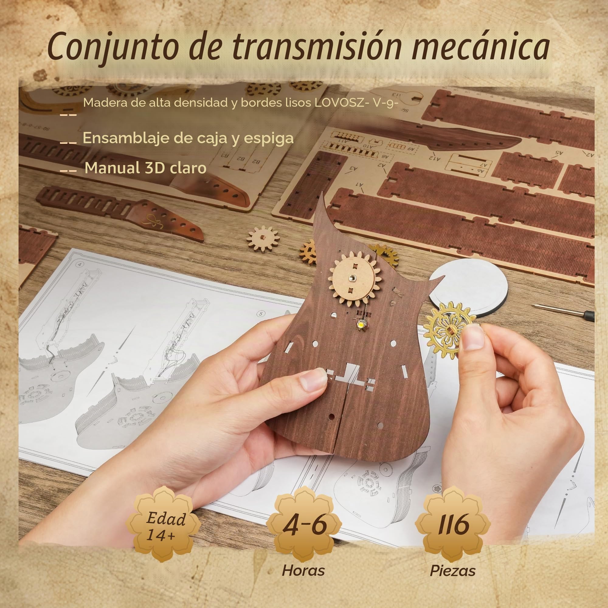 FUNPOLA Puzzle 3D de madera guitarra de acordes LED Kit – Maquetas para Construir para Adultos, modelo de guitarra acústica tocable con luces LED, puzzle musical mecánico DIY para adultos y adolescent