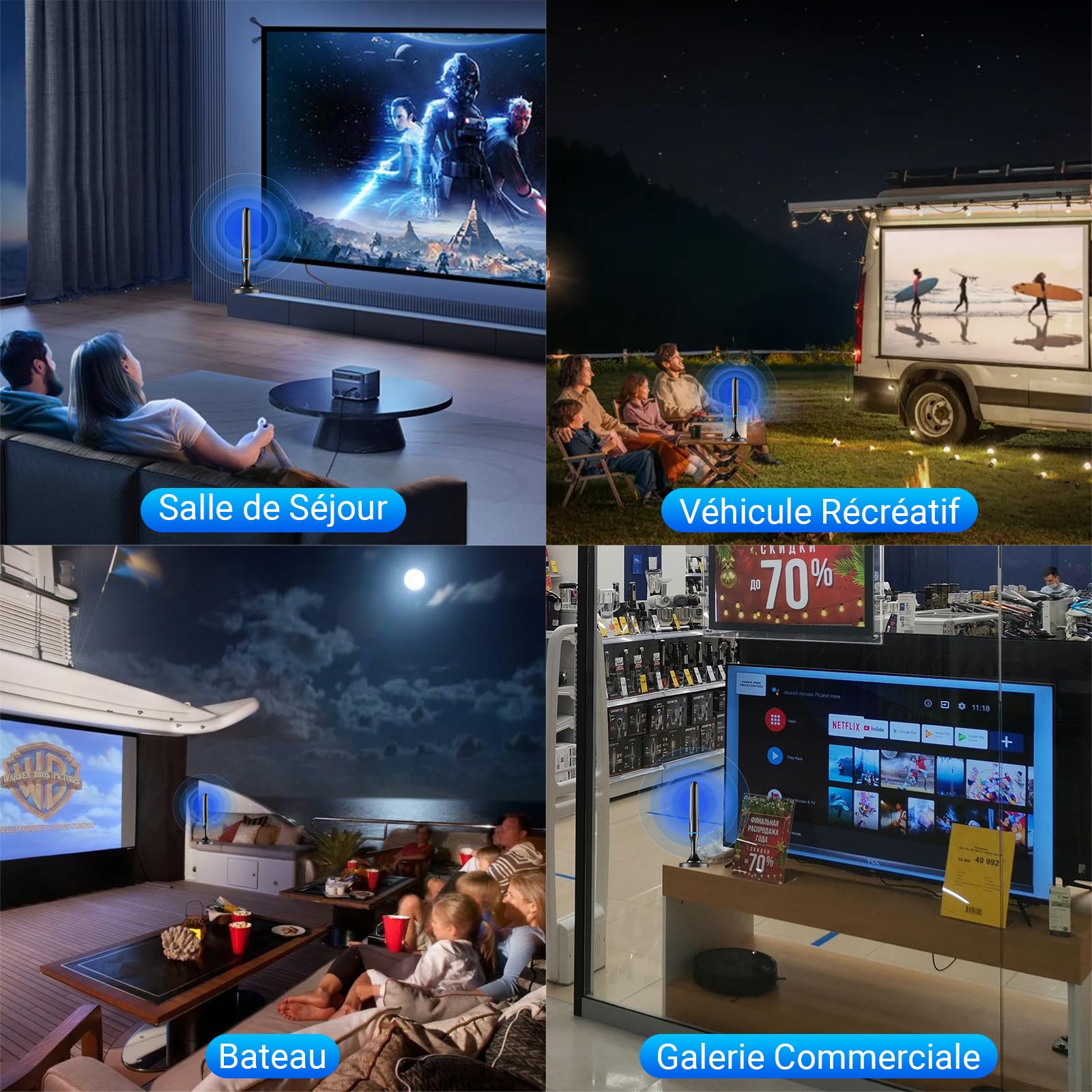 Antenne TV Intérieur Puissante TNT HD, 2026 Puissante Antenne TV Intérieur de Base magnétique puissante - 80km Réception Longue Portée à 360°, Compatible avec Portable 4K 1080P et Tous Les TVs (Bleu)