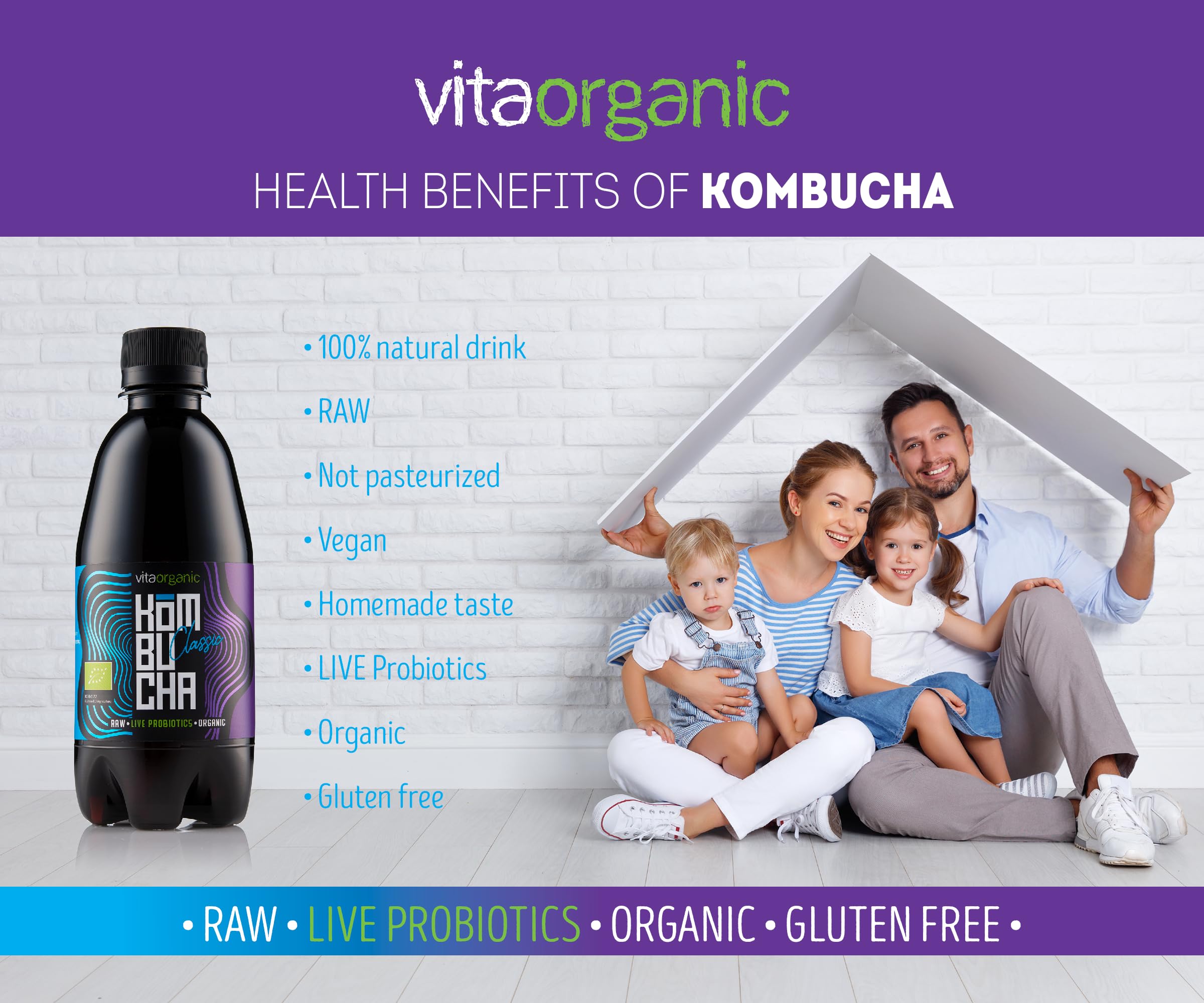 VitaOrganic Kombucha Pilz Drink – Prickelnder Grüner Tee Bio mit Lebender Kombucha-Kultur – 100% Natürliches Fermentiertes Bio Getränk – Roh – Gluten & Laktosefrei (6 x 330 ml, 6mix1)