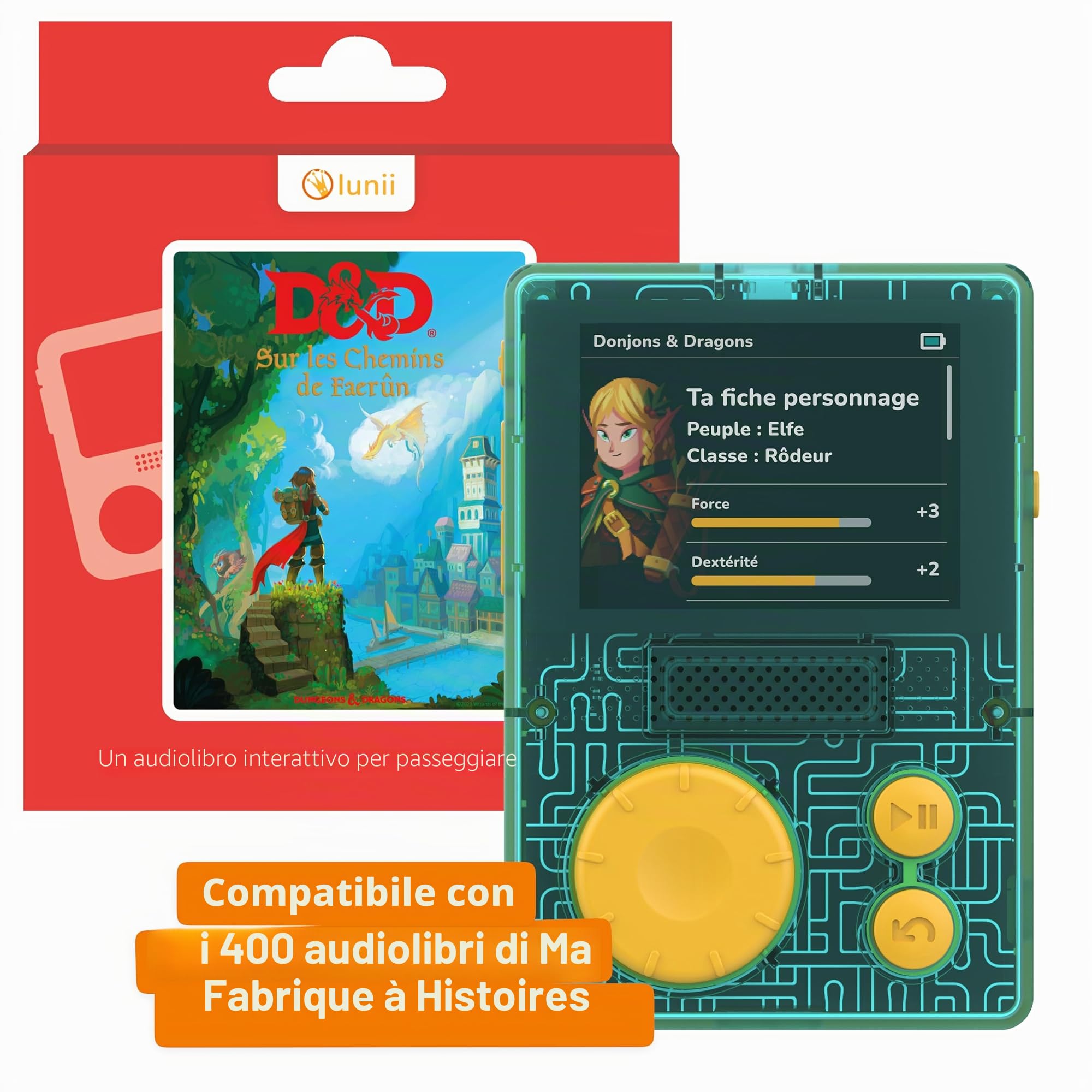 Lunii - Cofanetto Lettore FLAM Gioca D&D (Dungeons And Dragons-Hasbro) -per Bambini dai 7 agli 11 Anni-2 Libri Audio interattivi Inclusi-Scatola di Storie Made in Francia, 3760361141886