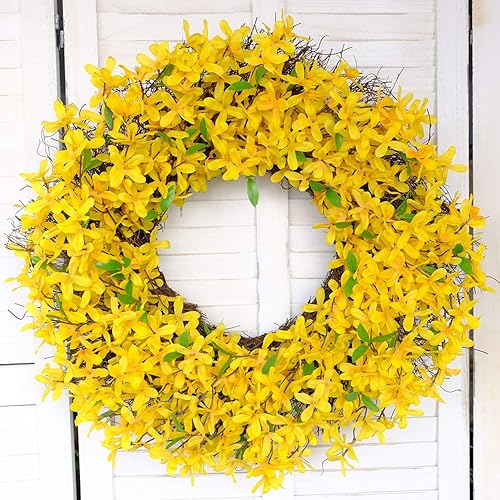 Miniatura 3 de Corona de primavera de flor de Forsythia amarilla de 25 pulgadas para puerta delantera, decoración rústica de verano para puerta delantera, coronas
