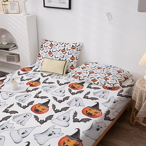 Miniatura 17 de Sábanas de murciélago tamaño individual – Juego de sábanas de Halloween para niños y niñas, juego de sábanas en blanco y negro, microfibra suave