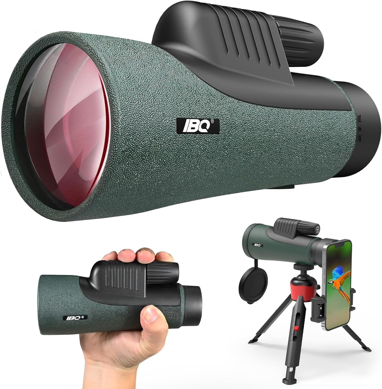 IBQ 12x55 UHD Monoculars for adults high powered, Monocular Telescope with Tripod, Hand Strap, Smartphone Adapter, Waterproof with BAK4 Prism & FMC Lens for Camping Travel Hiking Bird Watching Hunting