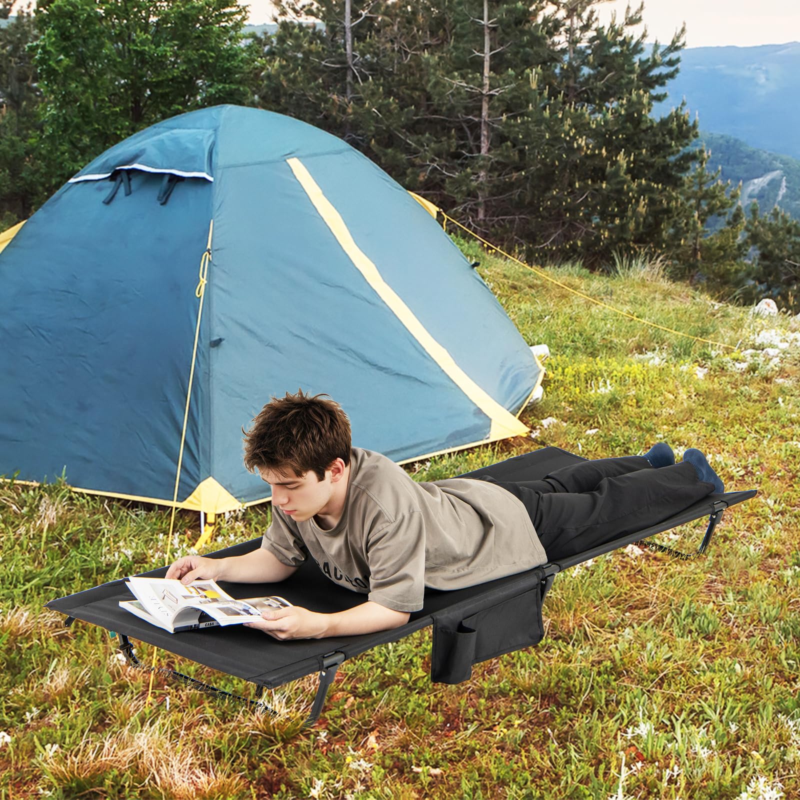 COSTWAY Feldbett klappbar, ultraleichtes Campingbett mit Seitentasche, 193 x 70 cm, tragbares Klappbett, 200 KG Tragkraft, Campingliege für Camping, Reisen, Strand (Schwarz)