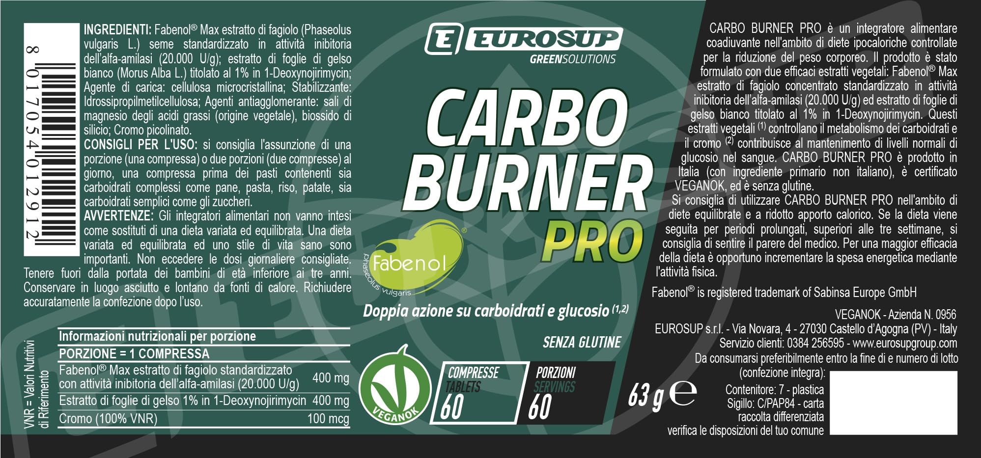 EUROSUP CARBO BURNER PRO - Integratore per la riduzione del peso corporeo - Riduce l'assorbimento dei carboidrati