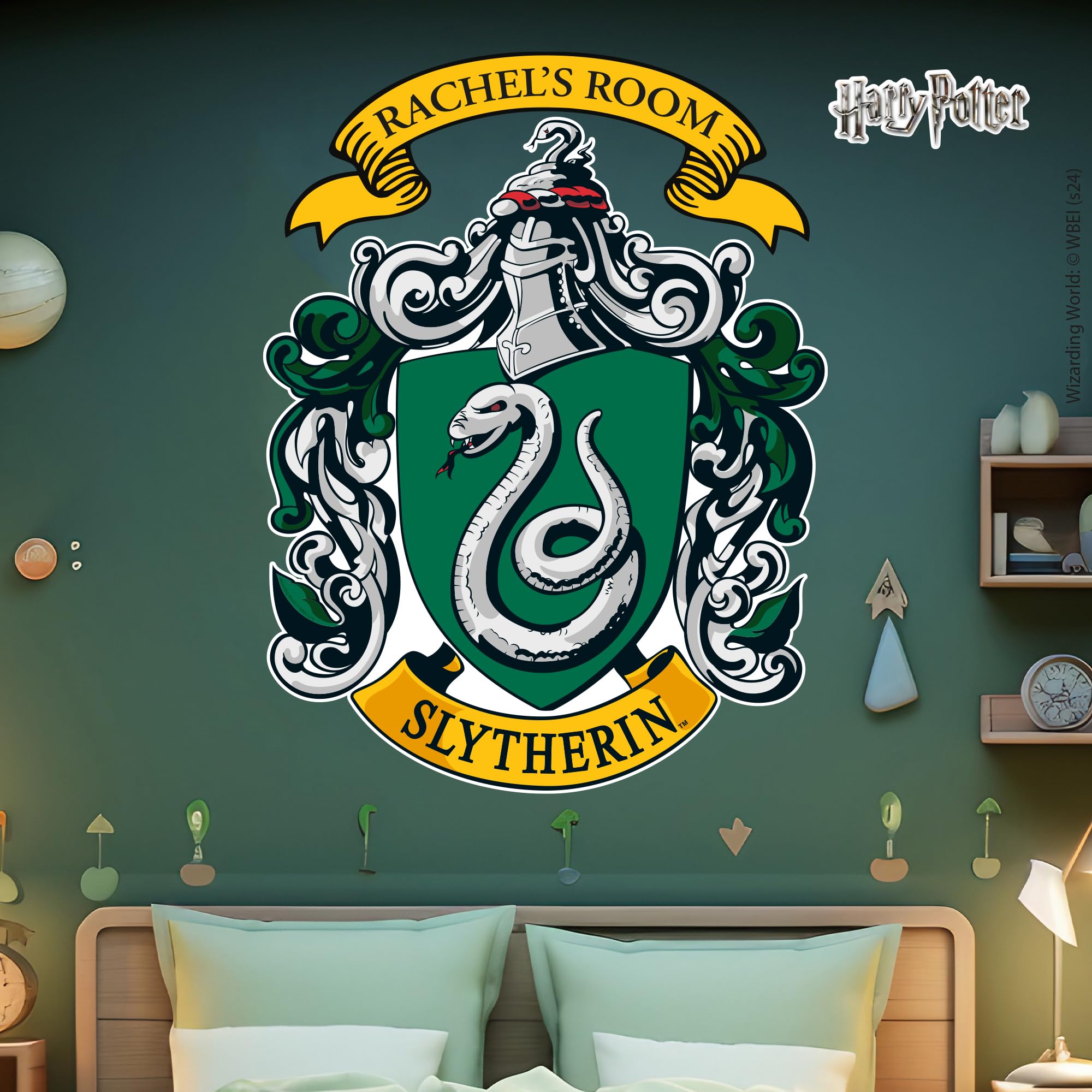 Themed Green Harry Potter Wall Sticker – Slytherin Crest & Personalised Name Wall Decal Wizarding World Art (90Cm Height X 70Cm Width)