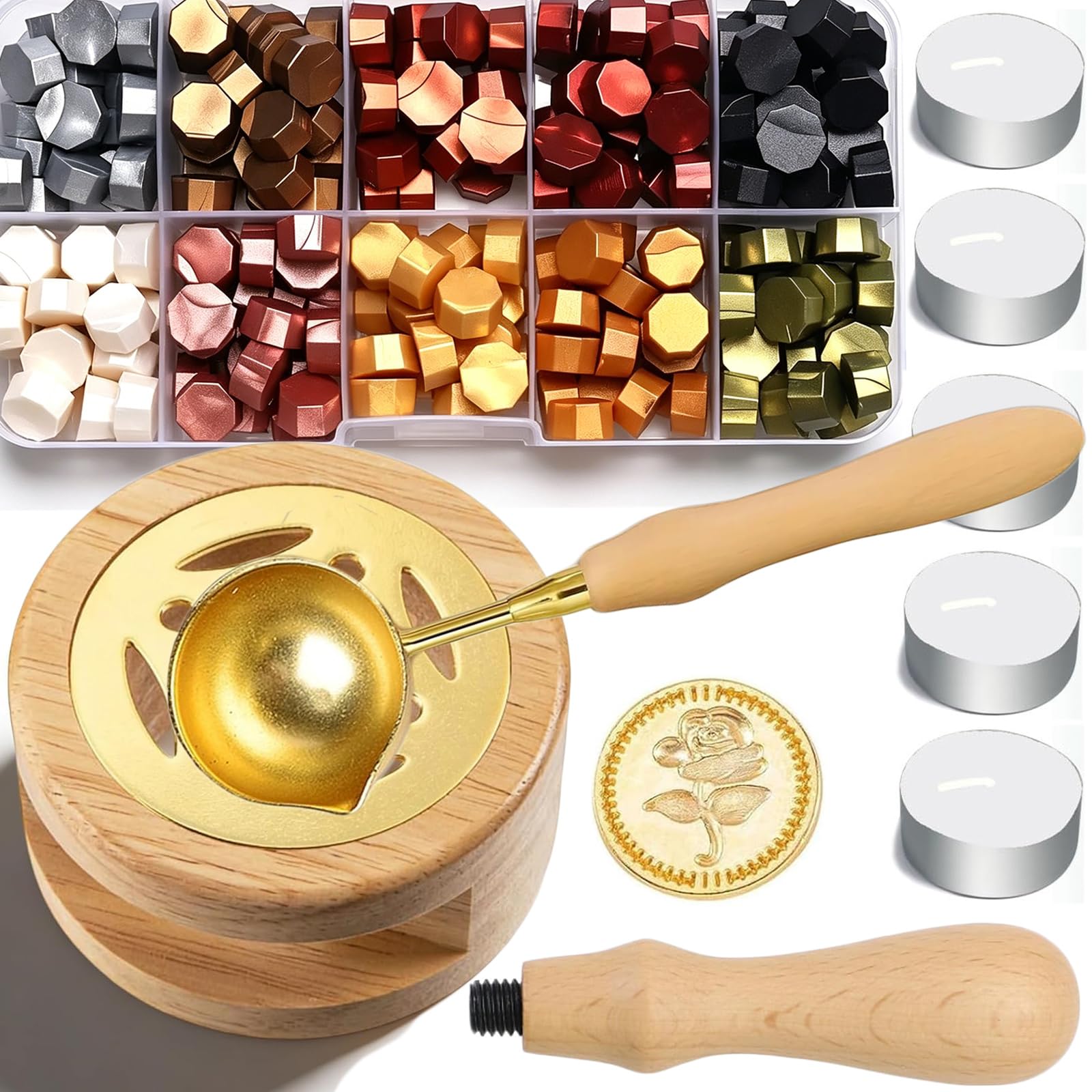Kit de Cire à Cacheter, 200 Pièces Perles de Cire, Tampon Cachet, Outil de Chauffe & Cuillère, 5 Bougies