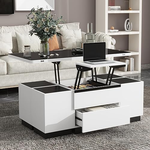 Miniatura 11 de Mesa de centro moderna con 2 cajones de almacenamiento y estantes de exhibición, mesa de cóctel rectangular con luces LED de 16 colores, ideal para