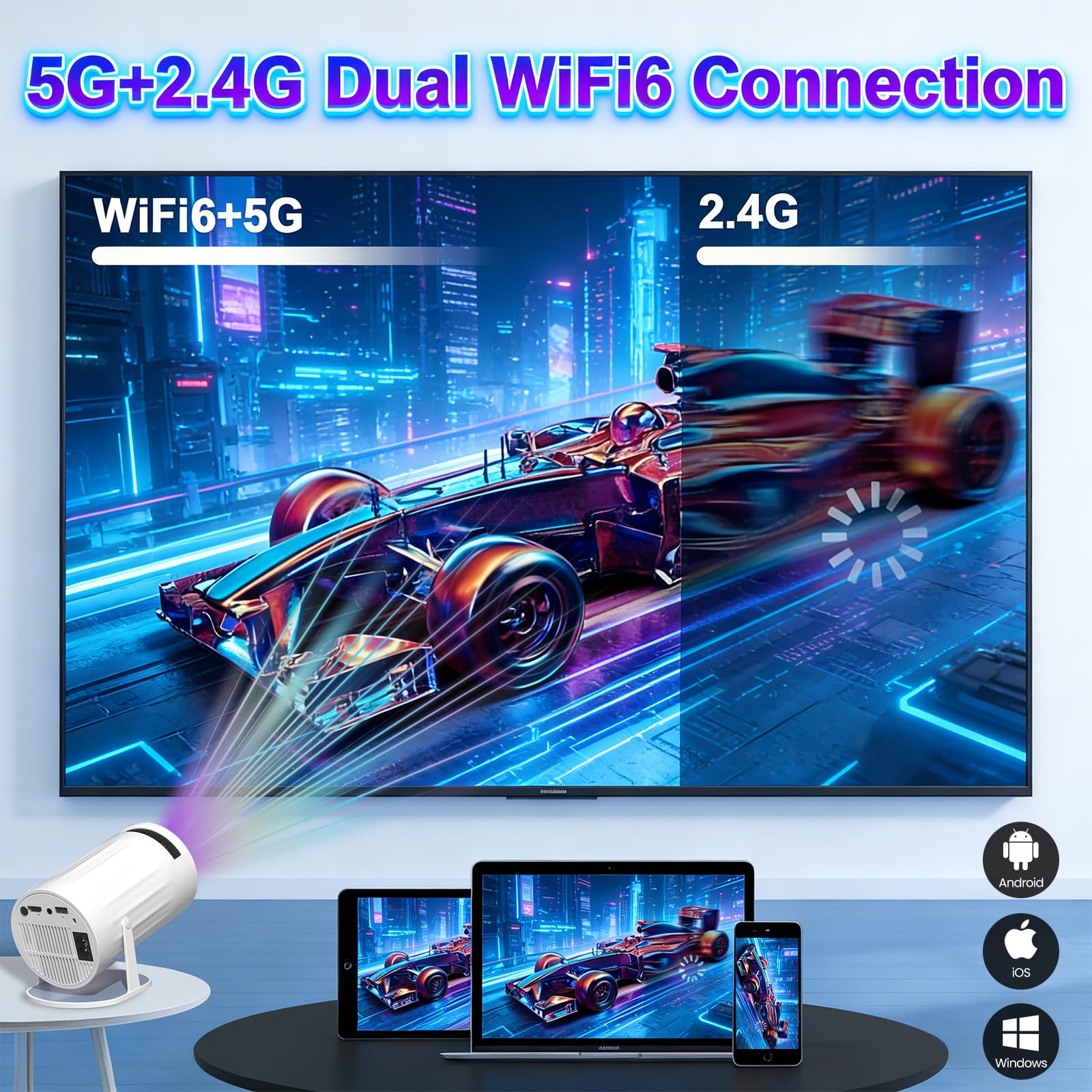 Mini rzutnik, przenośny projektor kina domowego 4K 1080p z WiFi 6, Bluetooth 5.2, automatyczna korekcja trapezu, obrót o 180°, kompatybilny z iOS/Android/PC/TV