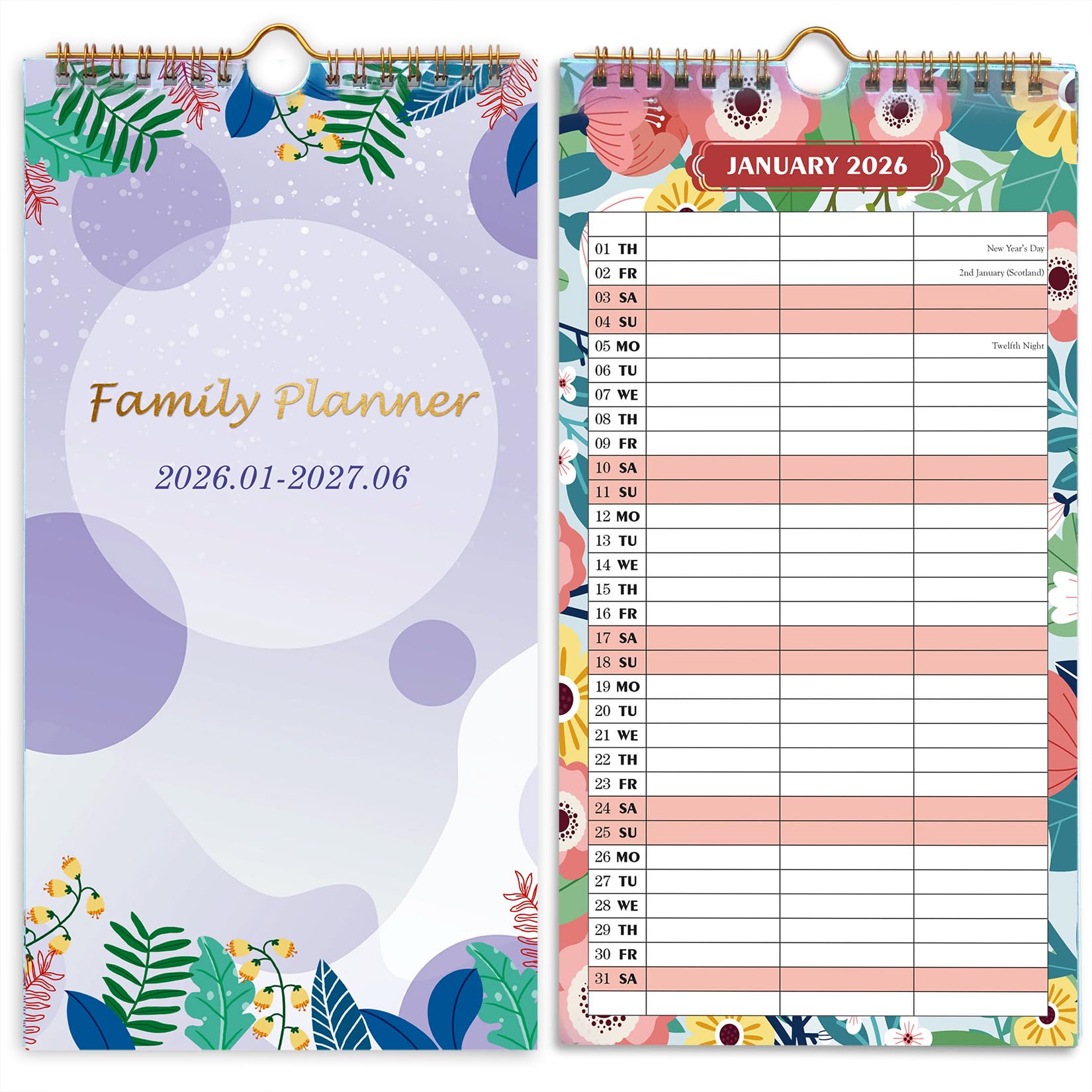 Family Planner 2026 Wall Calendar with 3 Columns from Jan 2026 to Jun 2027 with Month-to-View Page Layout, Home Calendar for New Year Gift