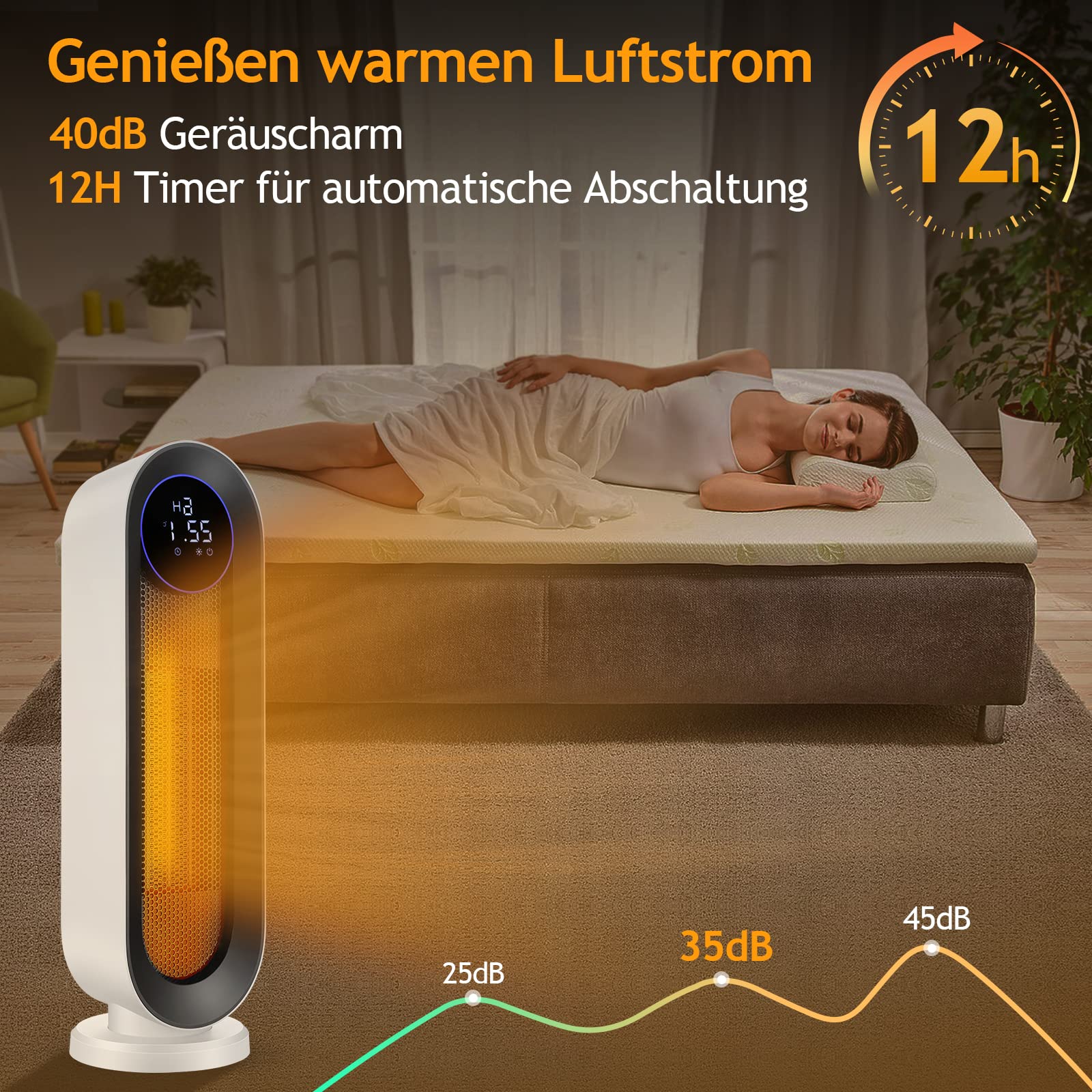 Calentador de ventilador de cerámica, 2000 W, 3 modos, termostato, temporizador de 12 horas, protección contra inclinaciones, 100° oscilante para hogar y oficina, pantalla grande blanca