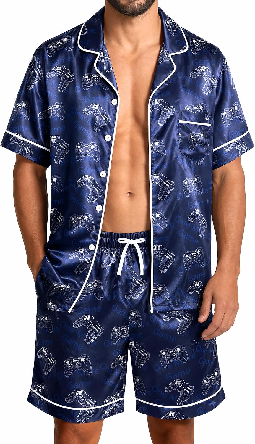 Mens Satin Silky Pajamas Set Short Sleeve Button Down Sleepwear Pjs Summer 2 PCS Loungewear with Pockets M-2XL