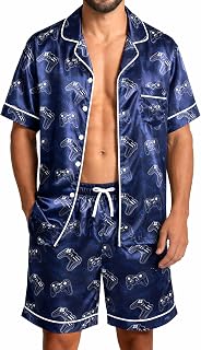 Mens Satin Silky Pajamas Set Short Sleeve Button Down Sleepwear Pjs Summer 2 PCS Loungewear with Pockets M-2XL