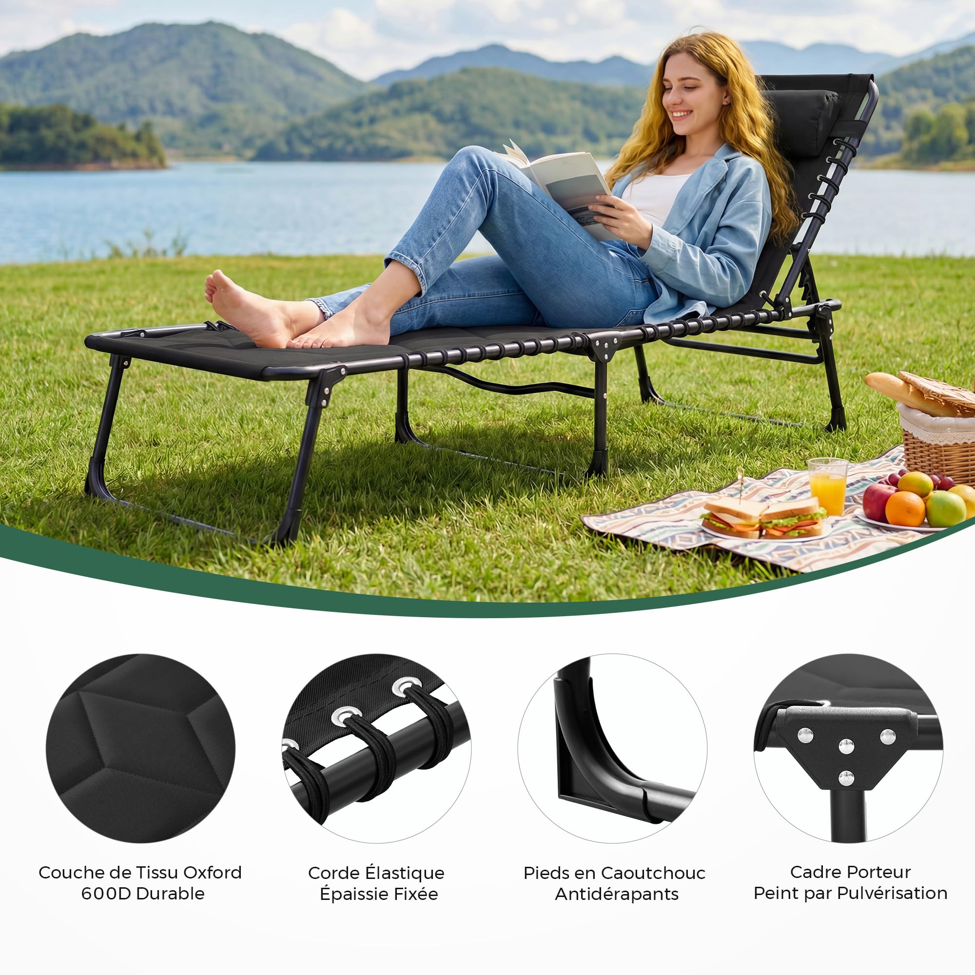 Palawano Transat de Jardin Extérieur Pliable Rembourré 190 × 70cm | Dossier Réglable 5 Positions , Appui-Tête Réglable, Cadre en Acier Supportant 200kg, Toile Oxford 600D ; Plié : 75×55×13cm