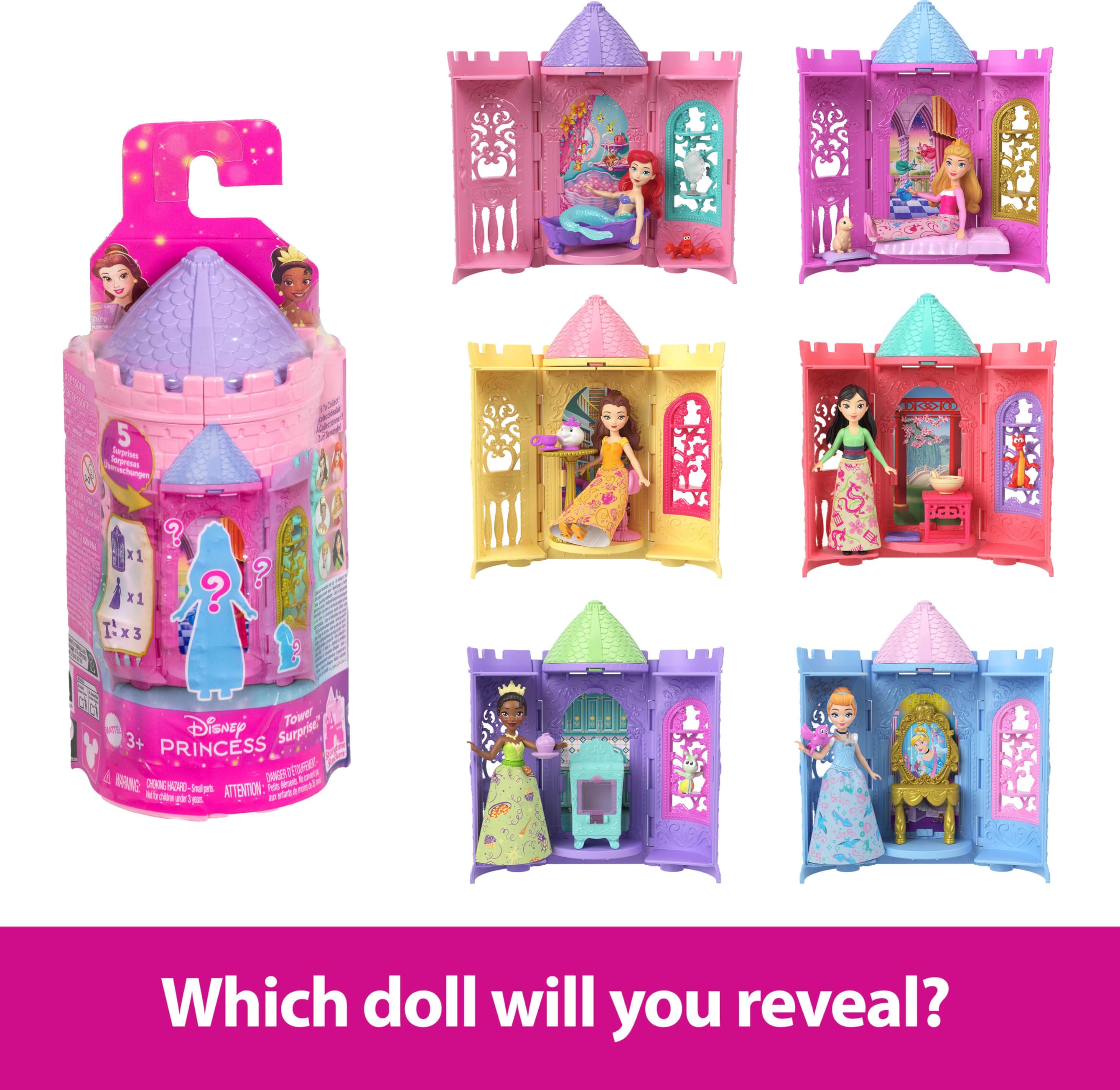 Mattel Disney Princess Tower Surprise Piccole bambole e accessori, impilabile Playset con 4 sorprese e amici di Disney Movies (gli stili possono variare)