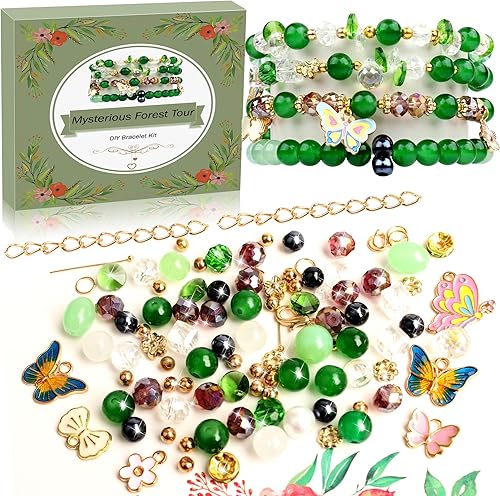 Misty Forest Series - Kit de cuentas para fabricación de joyas, incluye cadenas, anillos de salto, espaciadores y dije de mariposa de cristal y