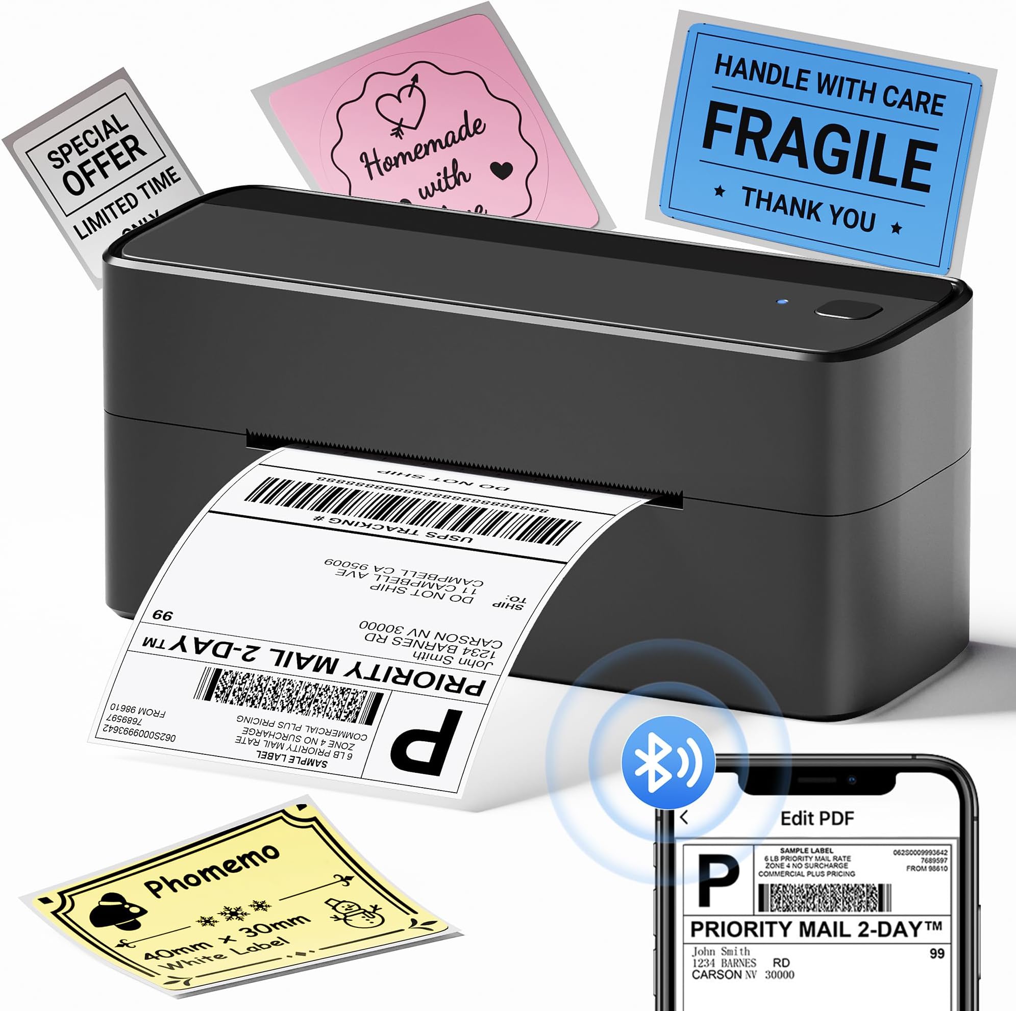 Phomemo 241BT Thermal Printer, Shipping Label Printer 4X6, Postage Label Printer Supports Bluetooth, Compatible with Royal Mail, Hermes, Etsy, Shopify, eBay, Amazon, FedEx, UPS, Black