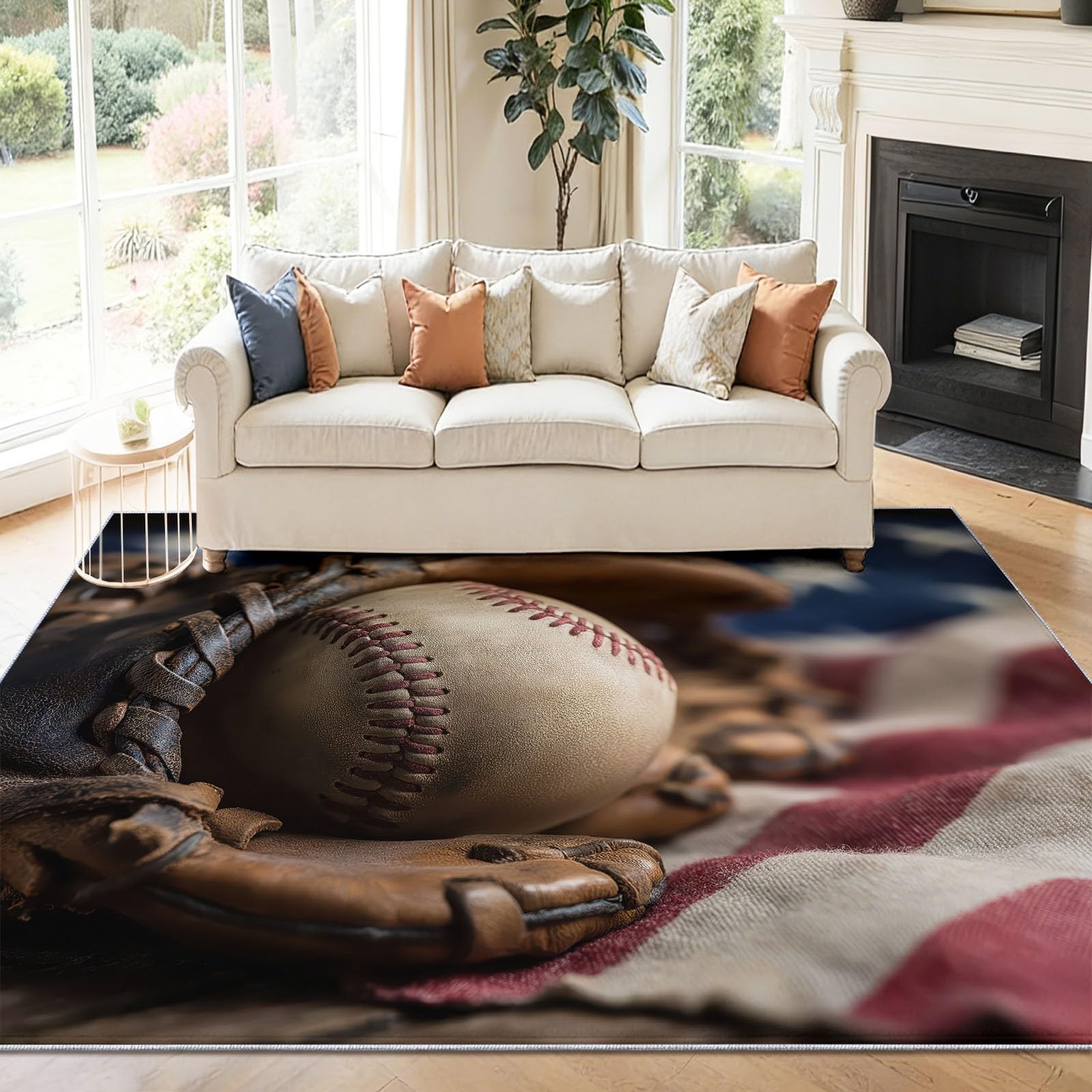Area Rug 50 x 80 cm, Washable Casual Sports American National Flag Baseball Rugs for Nursery, Non Slip Low Pile Carpet for Bedroom Living Room Kitchen Entryway Office Dining Room Multicolored