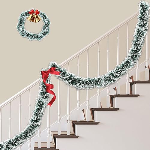 Miniatura 5 de Guirnalda de oropel de Navidad verde y blanca de 50 pies, guirnalda de Navidad con giro metálico para decoración de árbol de Navidad, guirnaldas